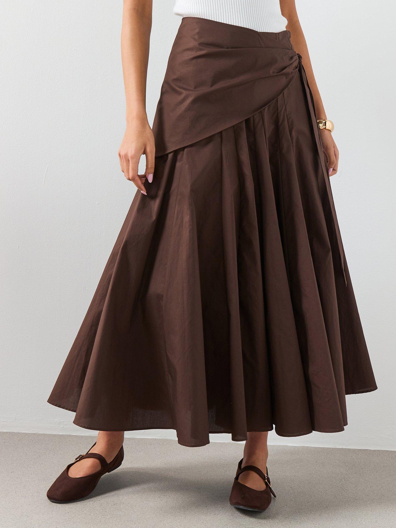 mango-a-line-skirt-with-handkerchief-detail-brownfront