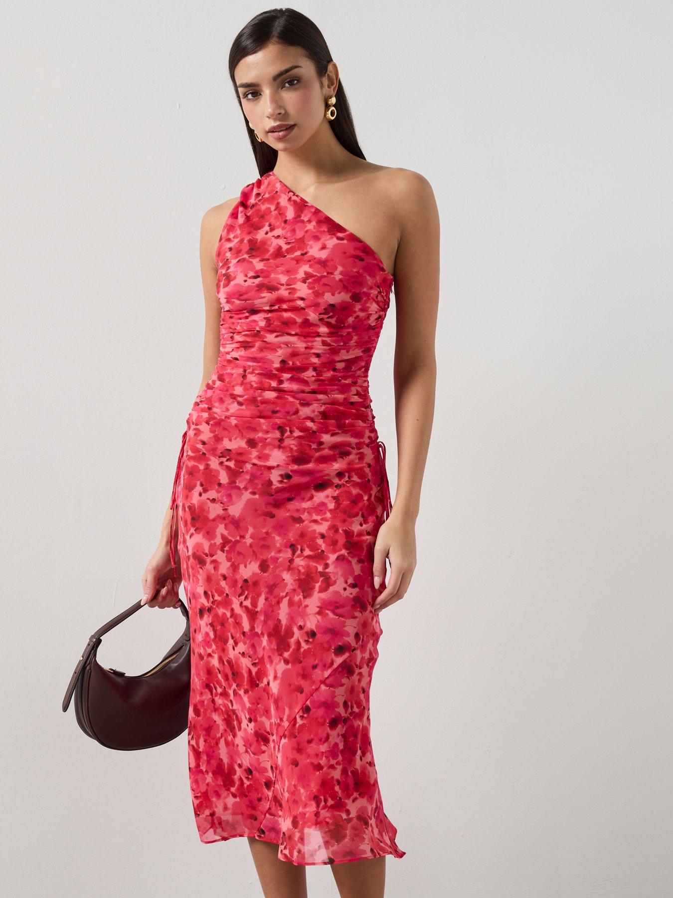 Image 1 of 6 of Mango Asymmetrical Floral Print Dress - Red