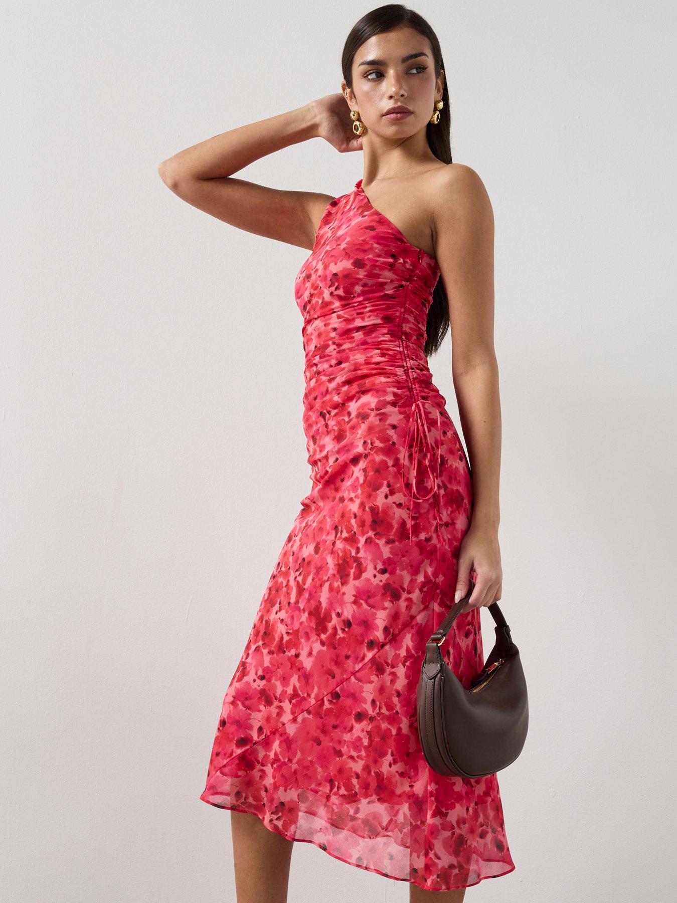 Image 3 of 6 of Mango Asymmetrical Floral Print Dress - Red