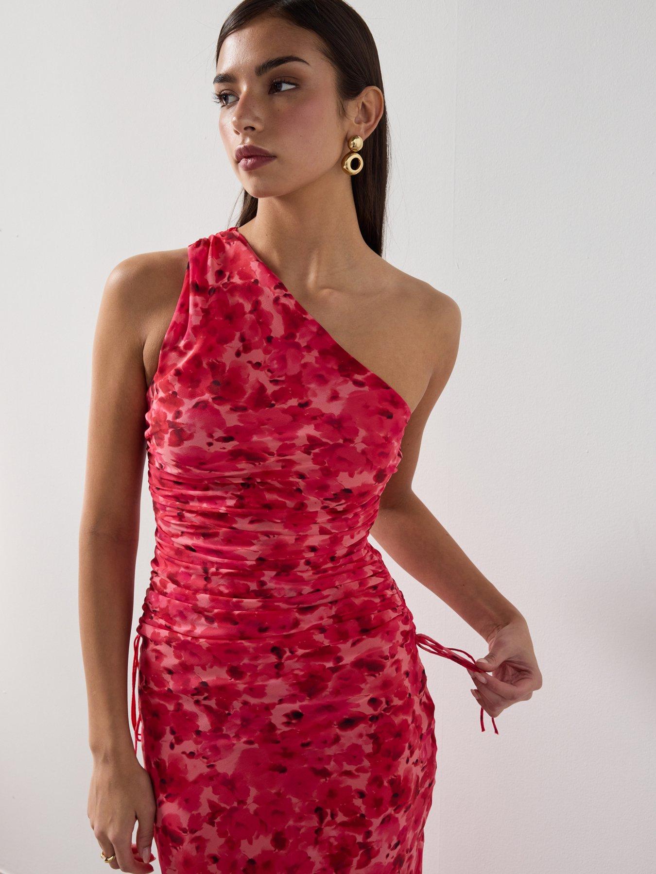 Image 4 of 6 of Mango Asymmetrical Floral Print Dress - Red