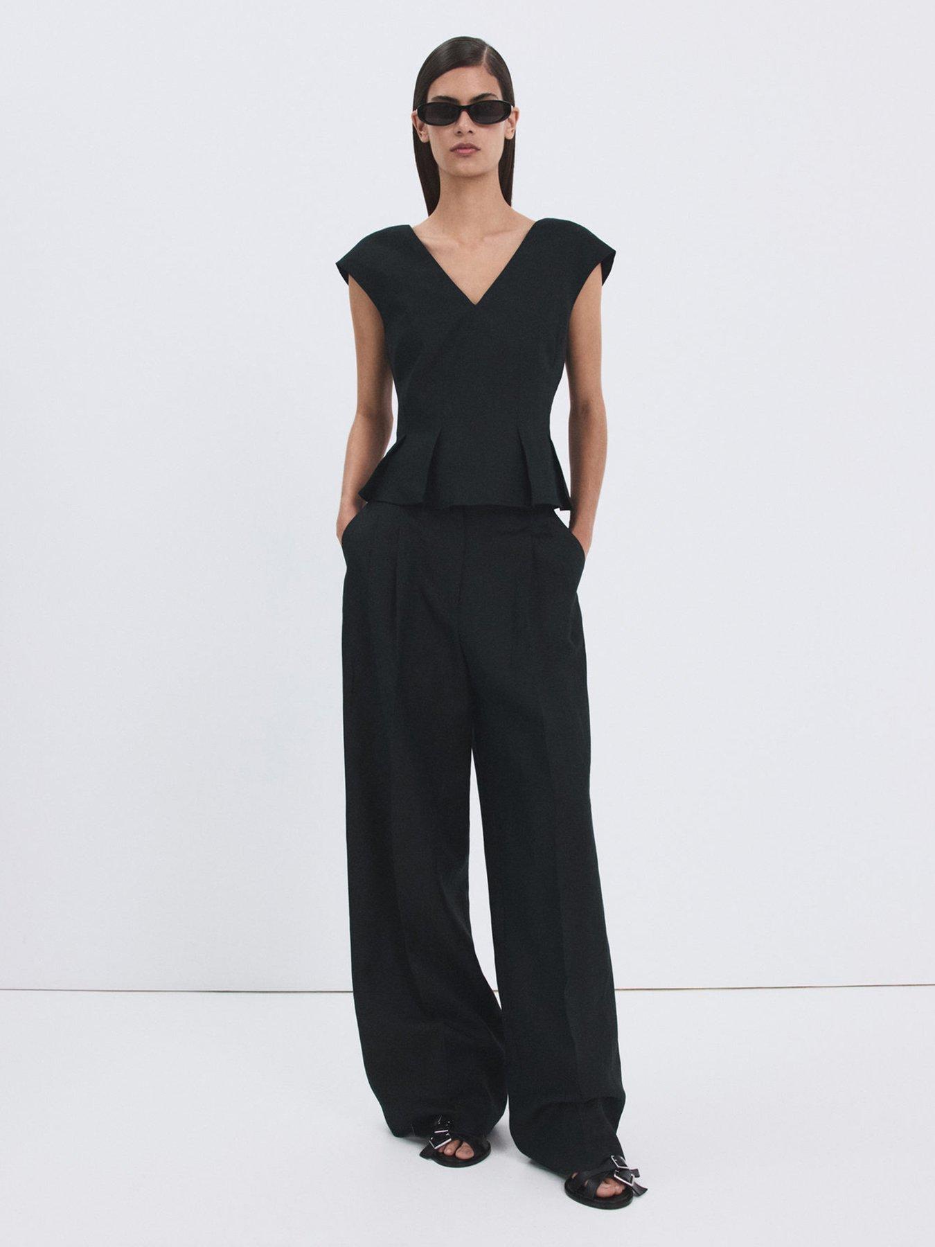Image 1 of 7 of Mango Cotton Linen Peplum Top - Navy