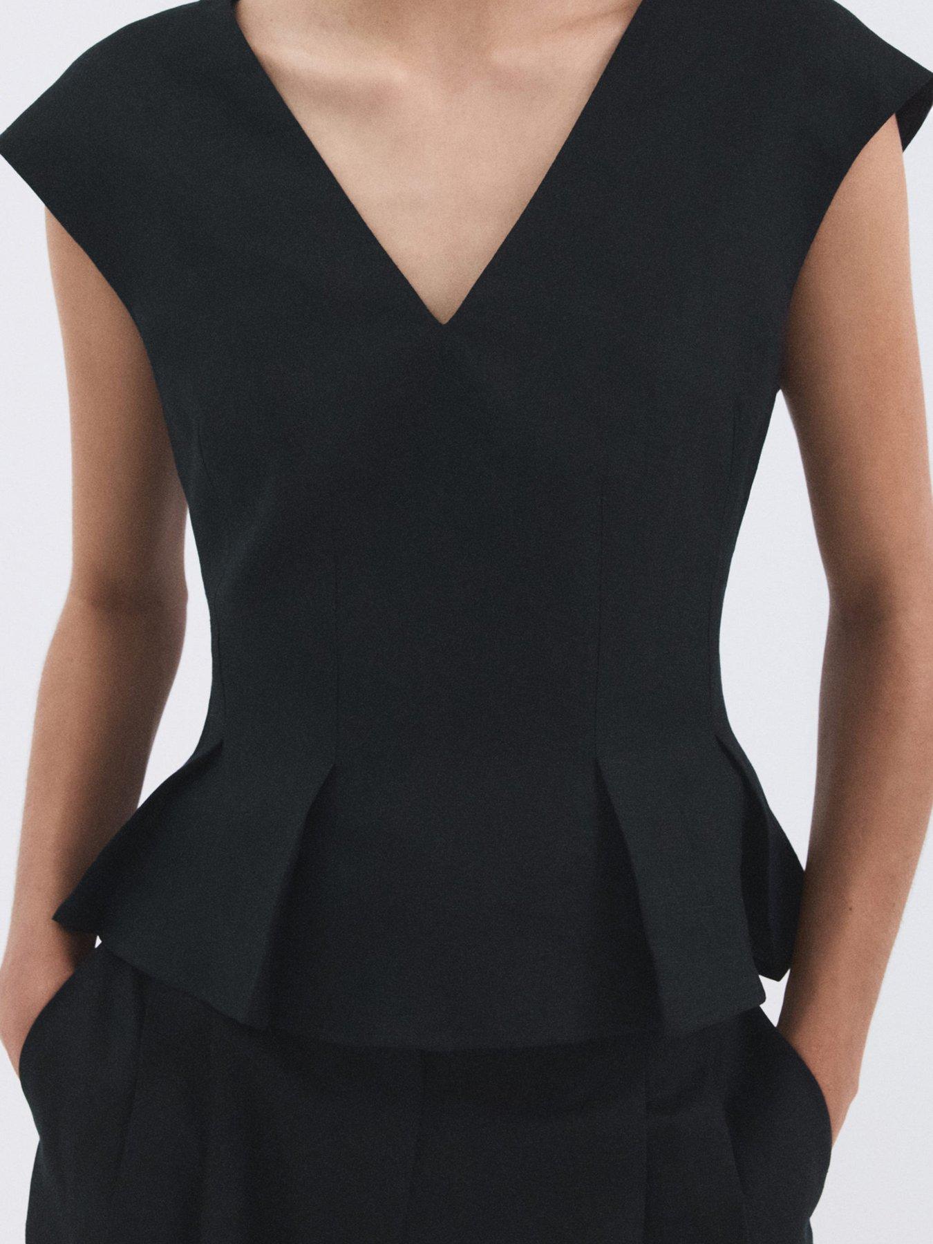 Image 2 of 7 of Mango Cotton Linen Peplum Top - Navy