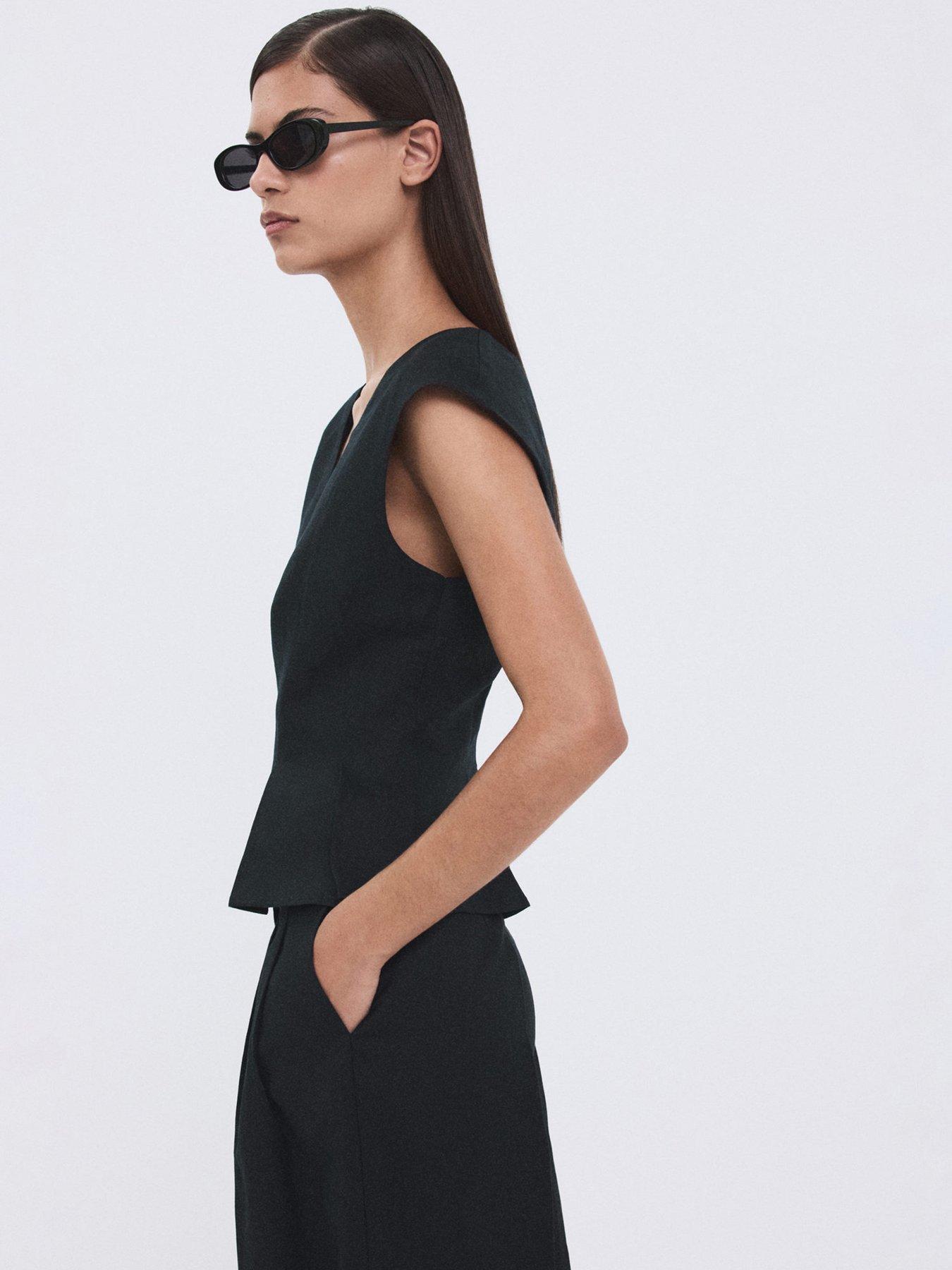 Image 3 of 7 of Mango Cotton Linen Peplum Top - Navy