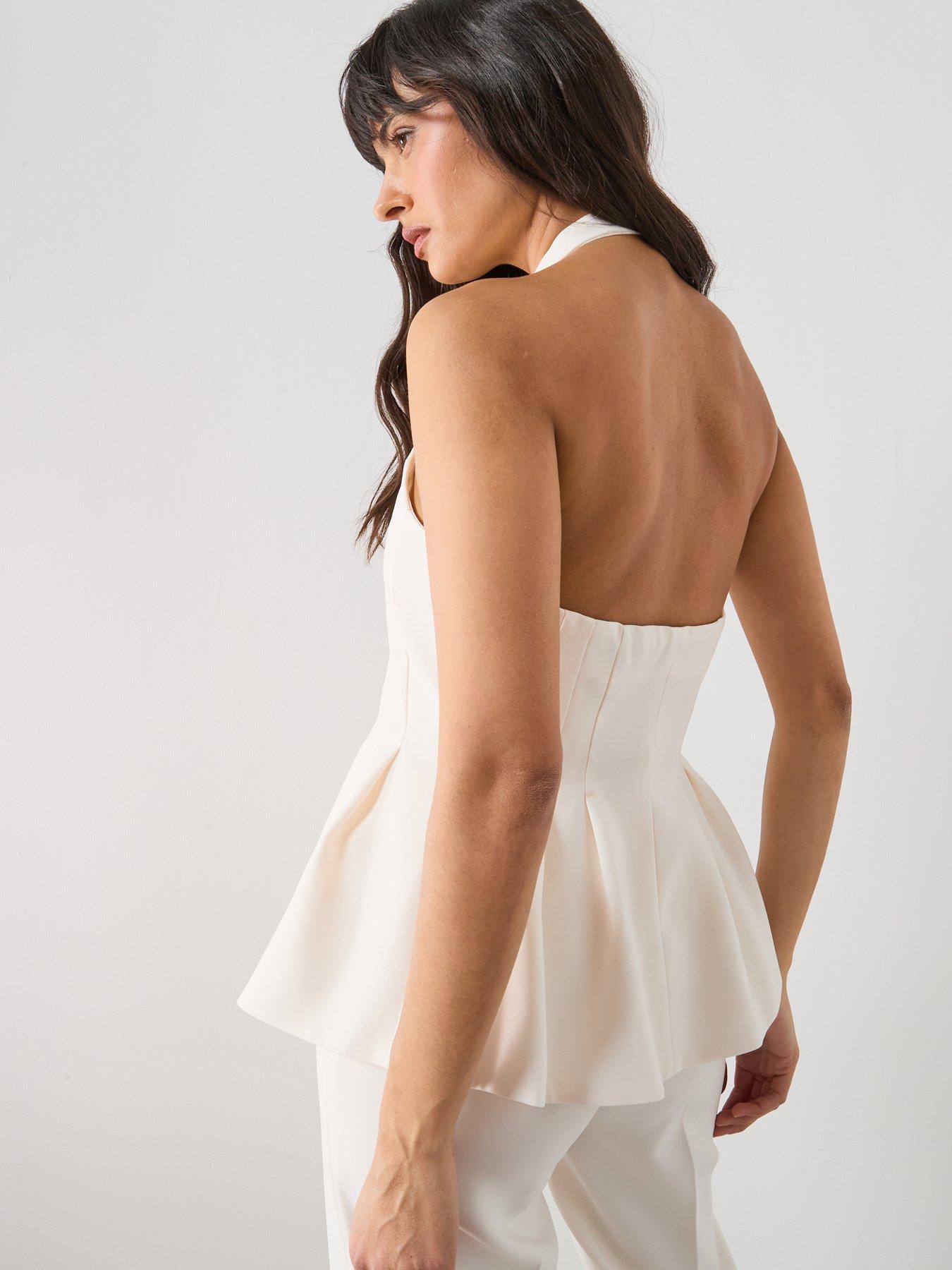 Image 2 of 5 of Mango Peplum Top With Halter Neck - Vanilla