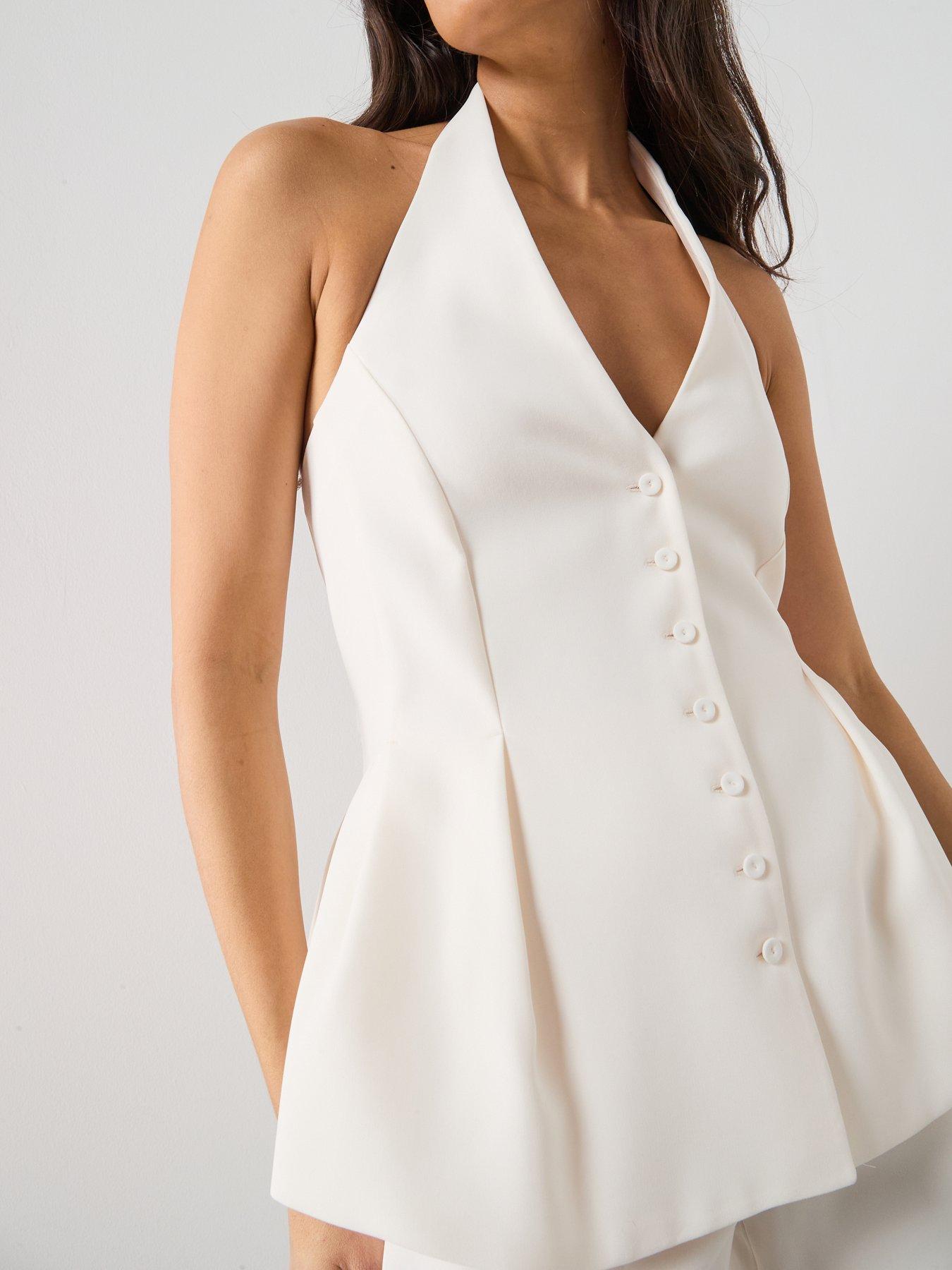 Image 4 of 5 of Mango Peplum Top With Halter Neck - Vanilla