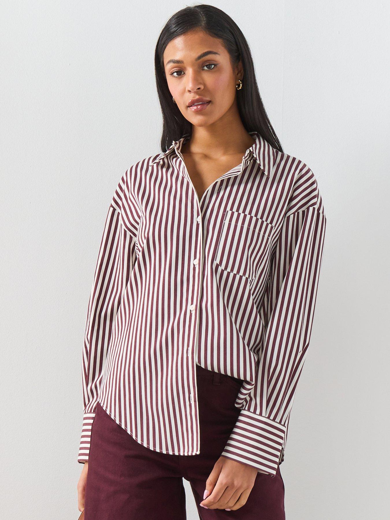 Image 1 of 6 of Mango Striped Cotton Shirt - Brown