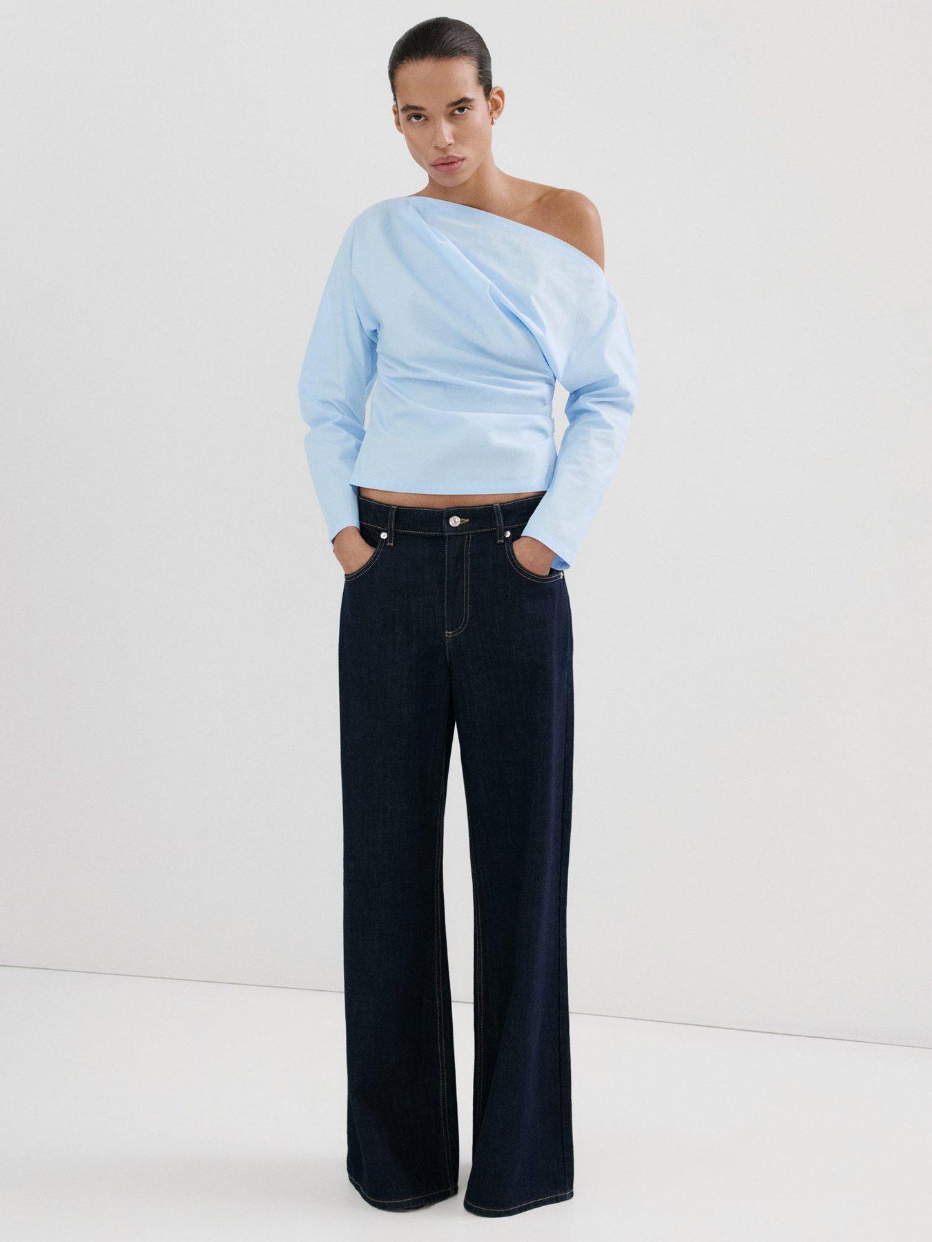Image 1 of 6 of Mango Cotton Blouse With Asymmetrical Collar - Blue