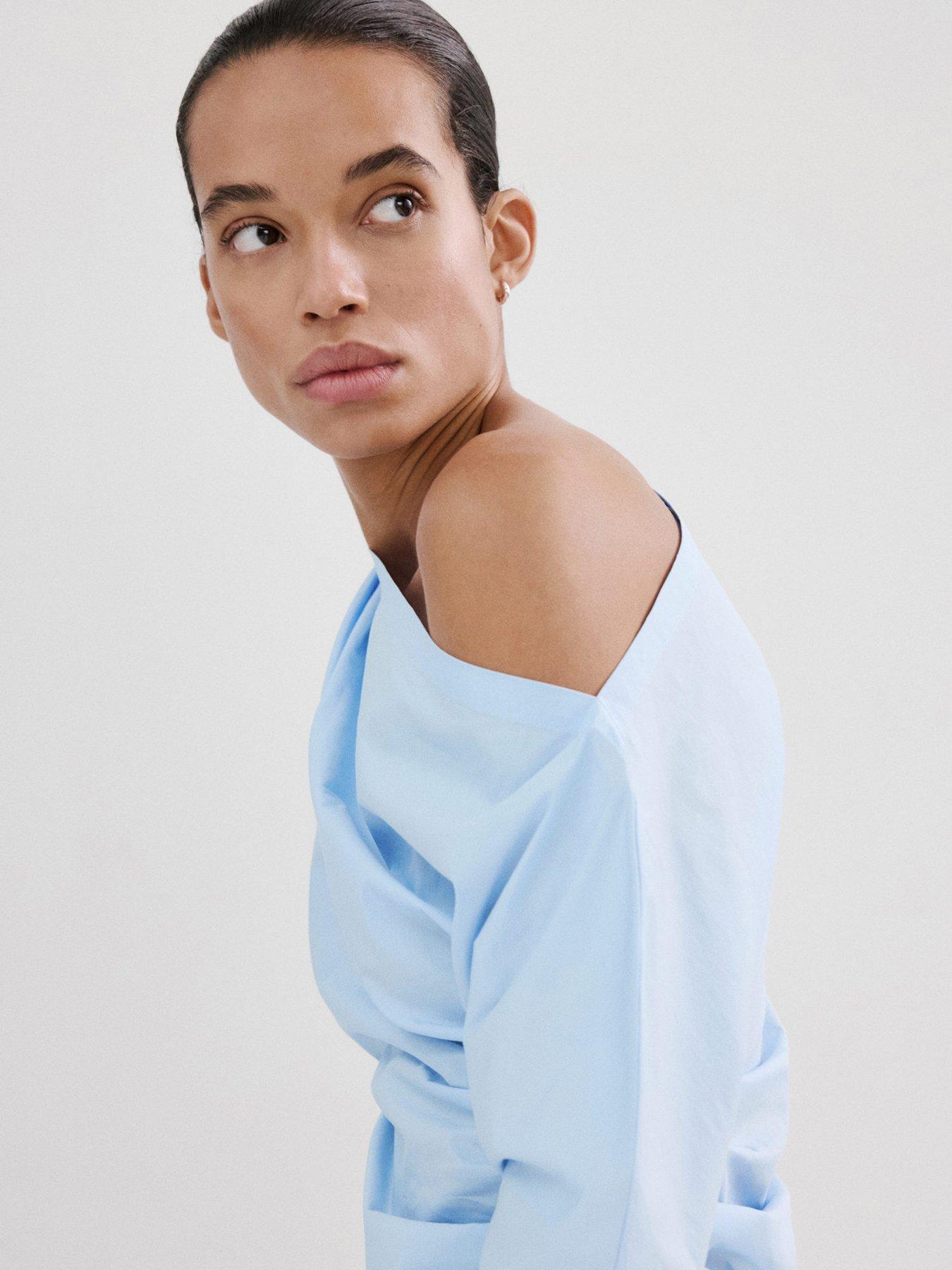 Image 2 of 6 of Mango Cotton Blouse With Asymmetrical Collar - Blue