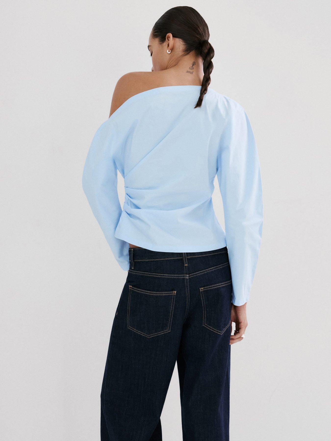 Image 3 of 6 of Mango Cotton Blouse With Asymmetrical Collar - Blue
