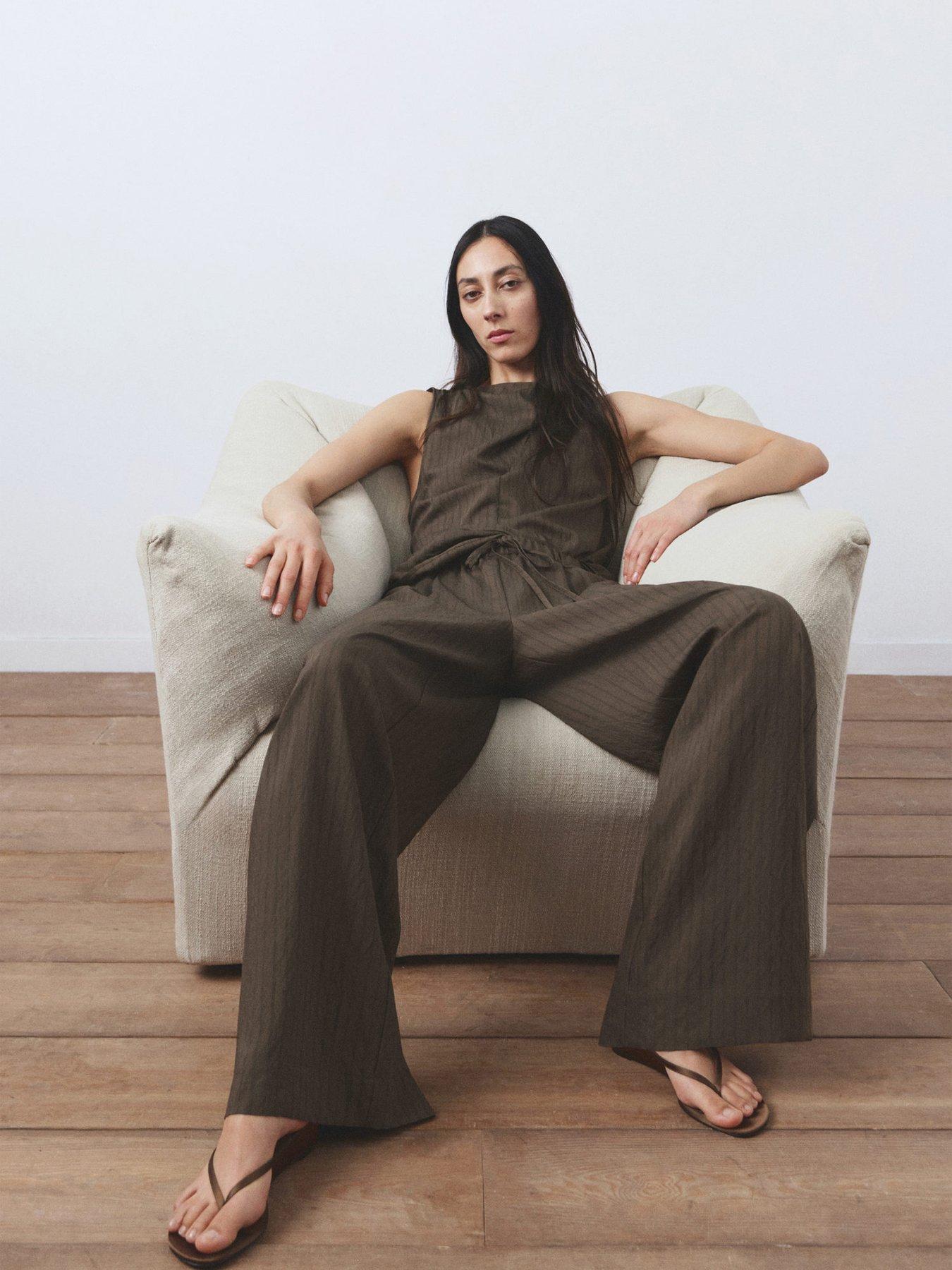 Image 5 of 7 of Mango Straight Striped Trousers - Brown