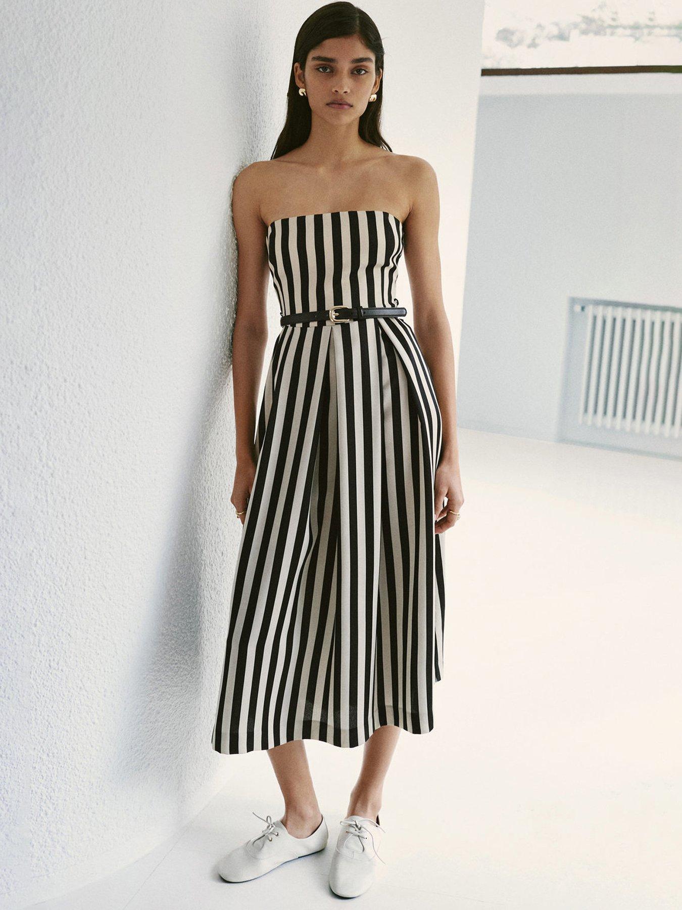 Image 1 of 6 of Mango Belt Striped Dress - Black