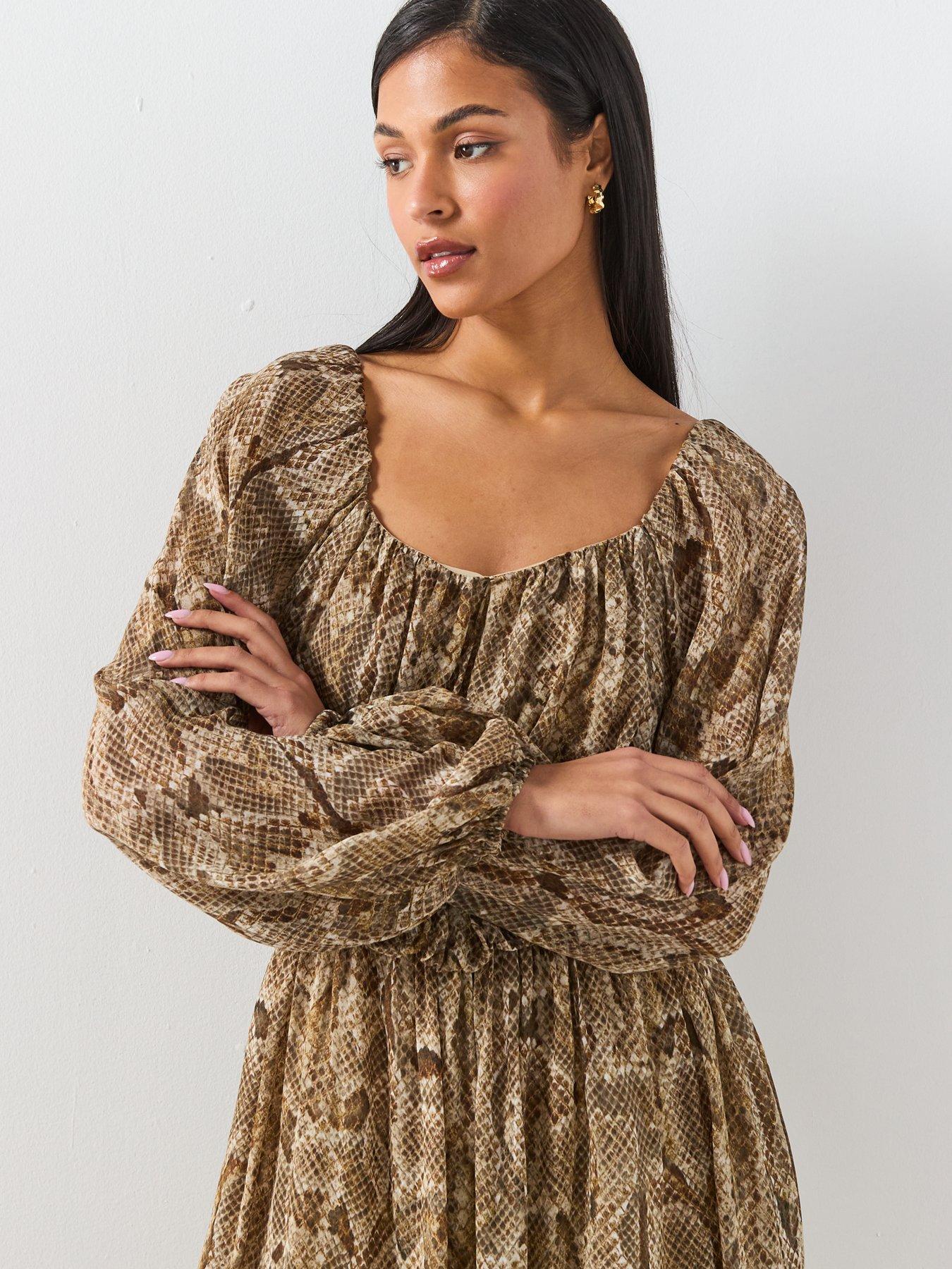 Image 5 of 6 of Mango Flowy Animal Print Dress - Khaki