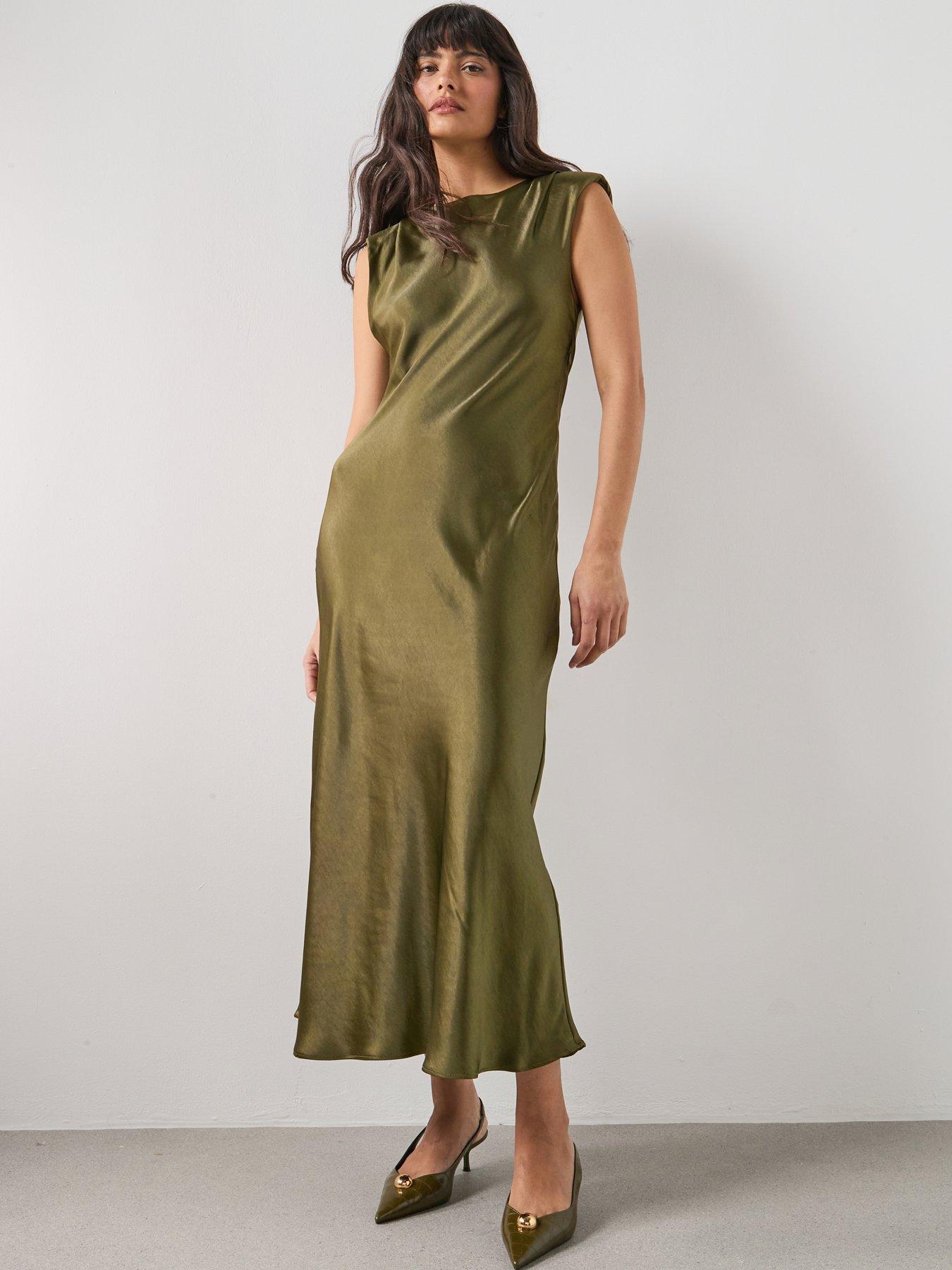 Image 1 of 5 of Mango Fitted Satin Midi Dress - Green