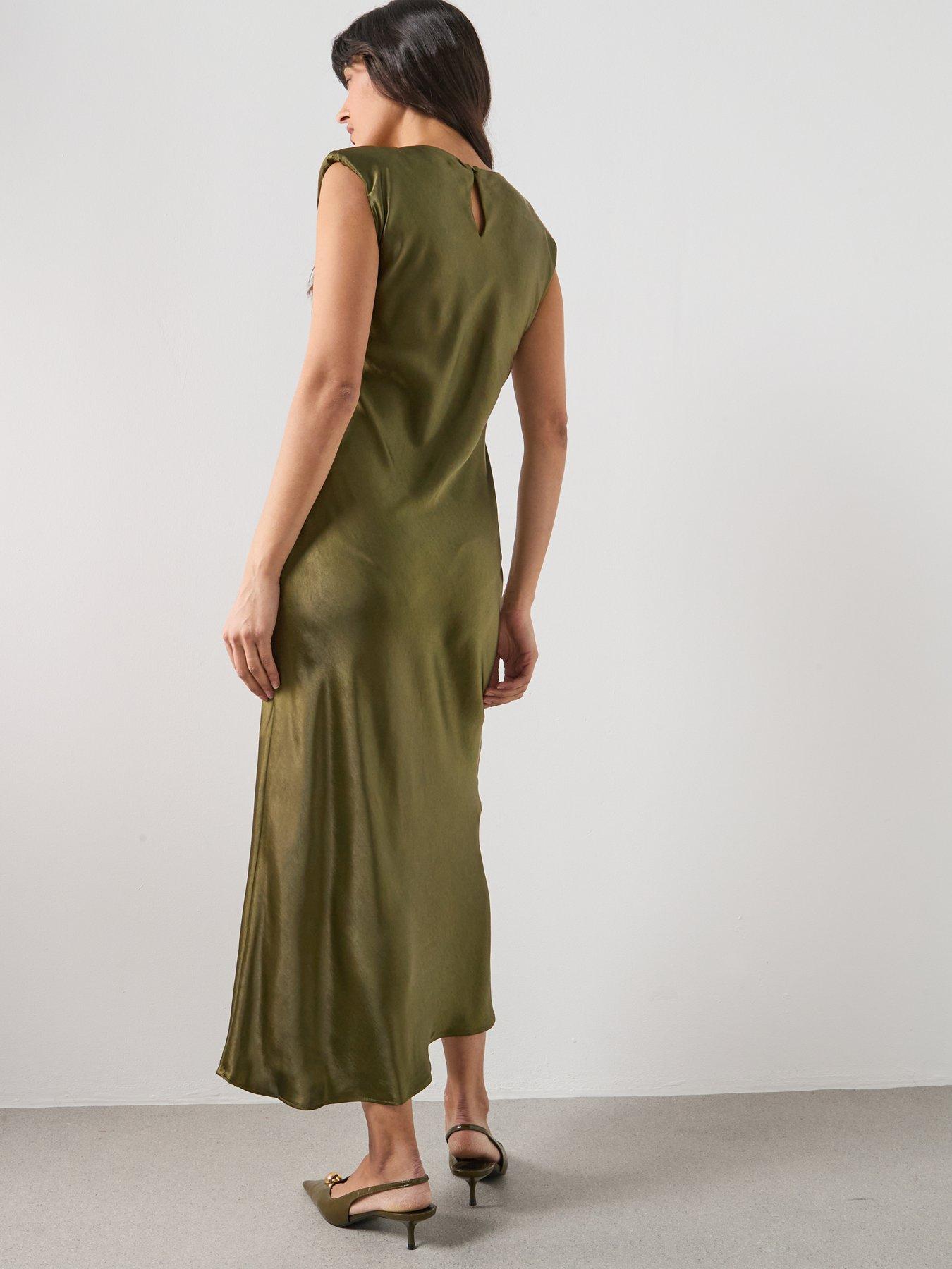 mango-fitted-satin-dress-greenstillFront