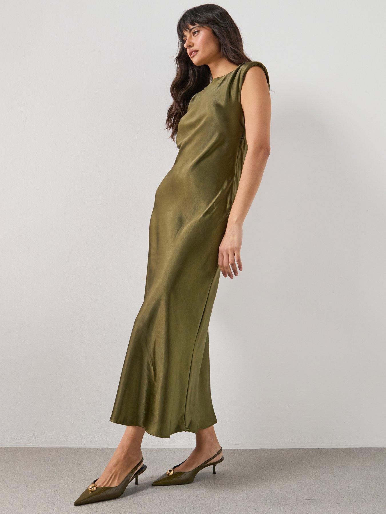 Image 5 of 5 of Mango Fitted Satin Midi Dress - Green