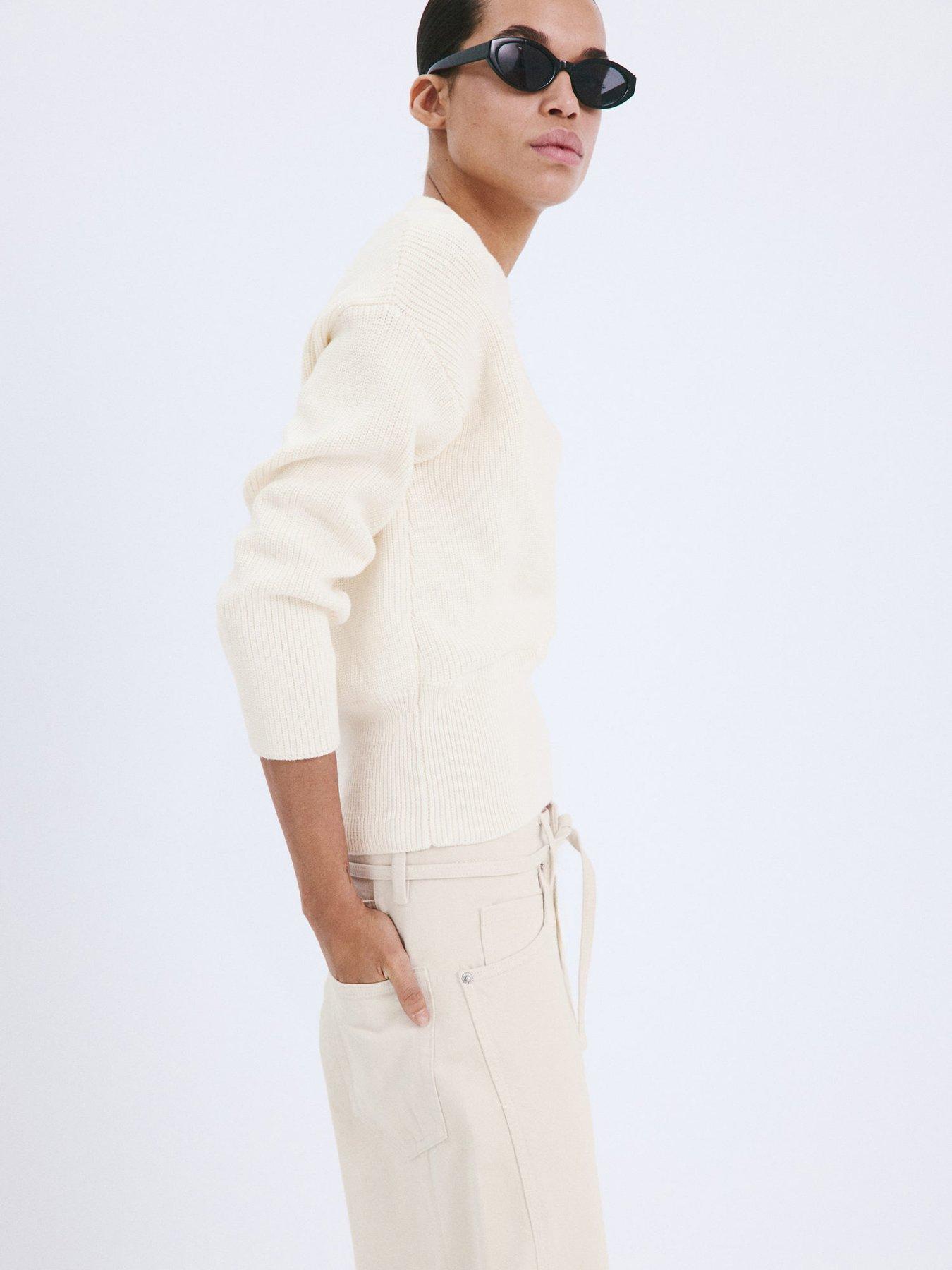 Image 4 of 6 of Mango Ribbed Crossover Neckline Jumper - Cream