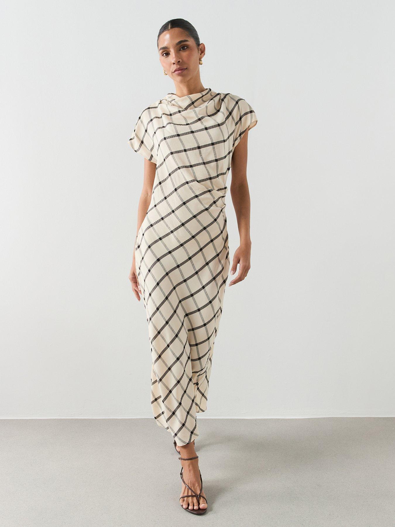 Image 1 of 6 of Mango Check Dress With Draped Collar - Cream