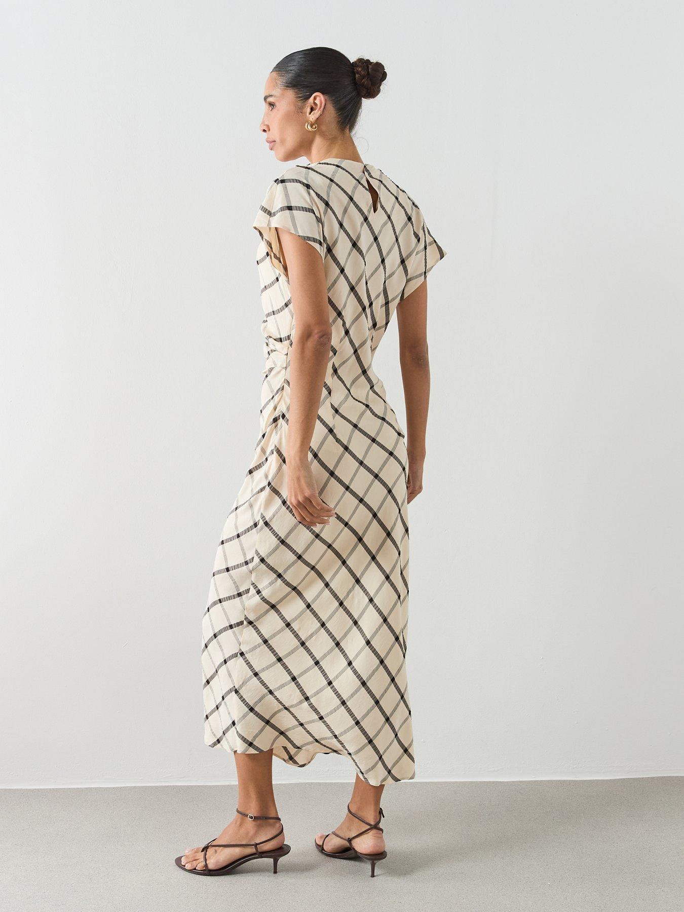 Image 2 of 6 of Mango Check Dress With Draped Collar - Cream