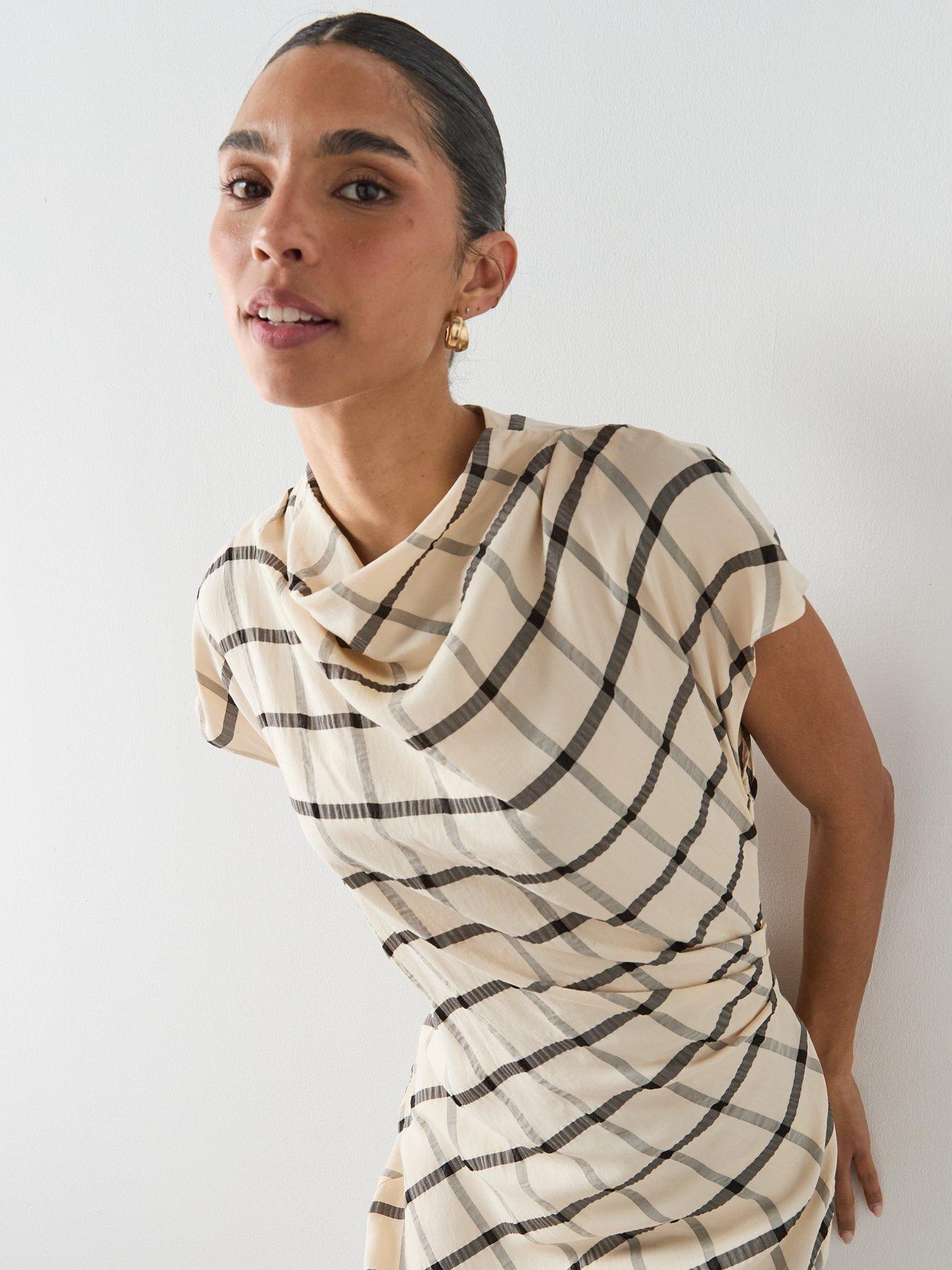 Image 4 of 6 of Mango Check Dress With Draped Collar - Cream