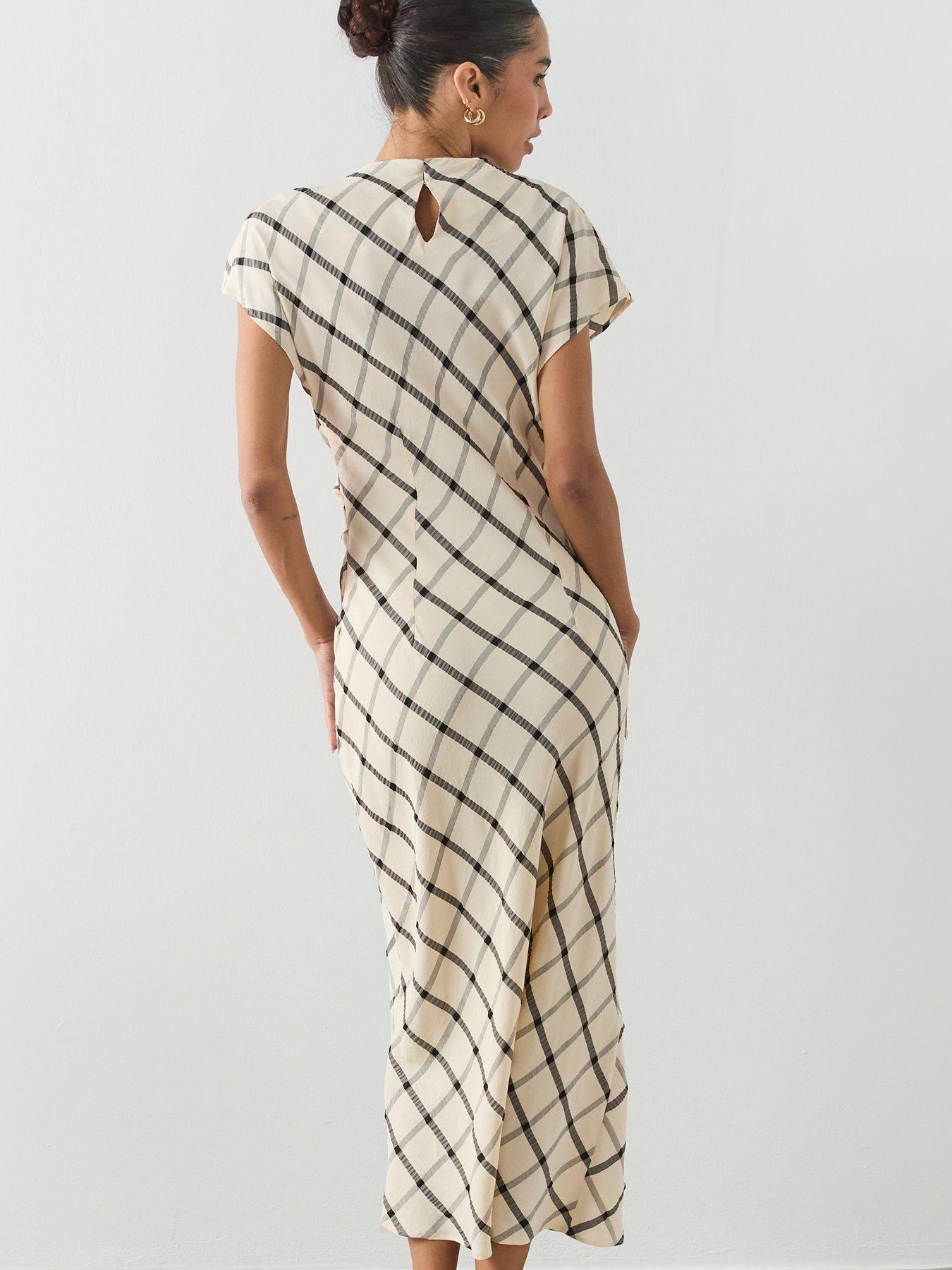 Image 6 of 6 of Mango Check Dress With Draped Collar - Cream