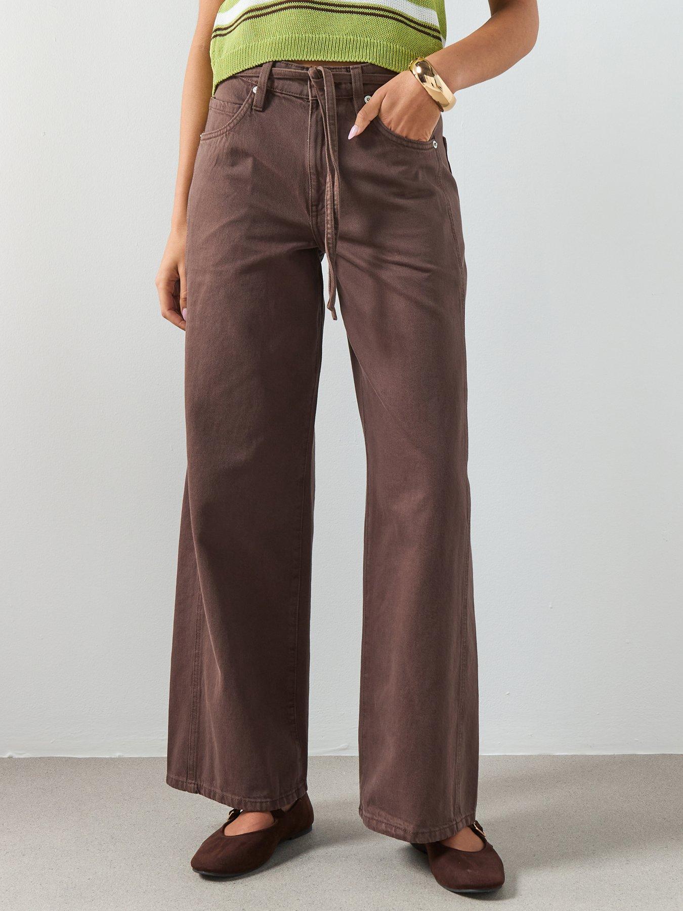 Image 1 of 6 of Mango Wide-leg Jeans With Drawstring - Brown