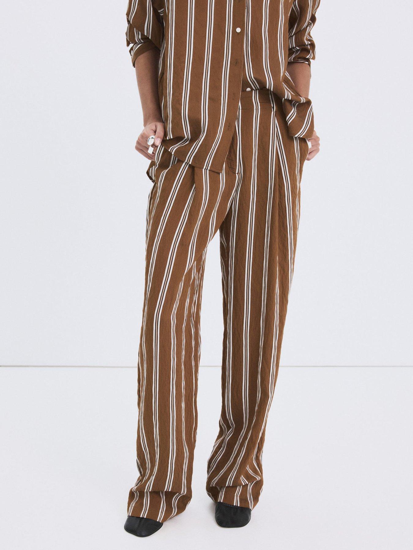 Mango Pleated Striped Trousers - Brown