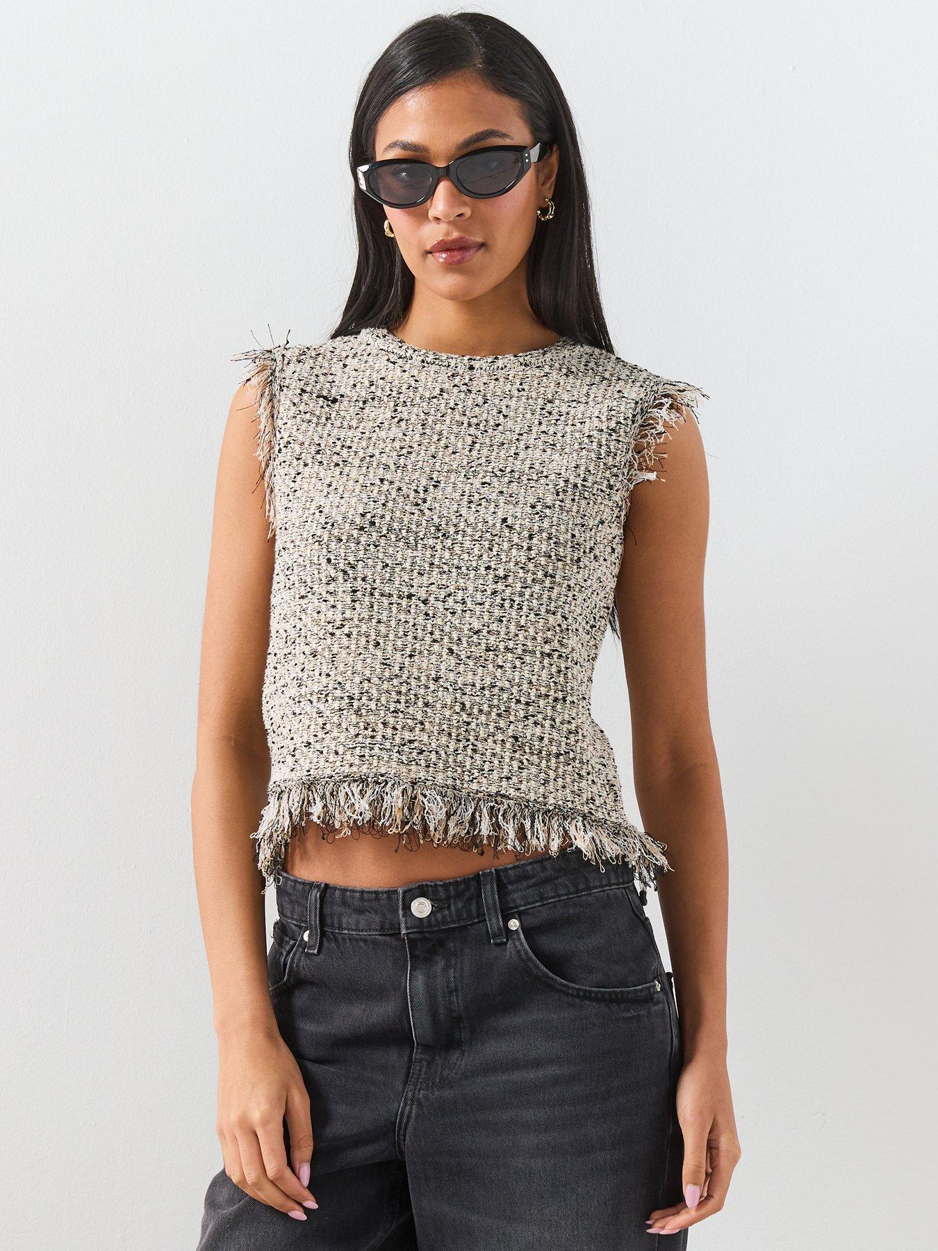 Image 1 of 6 of Mango Fringe Trim Top - Black
