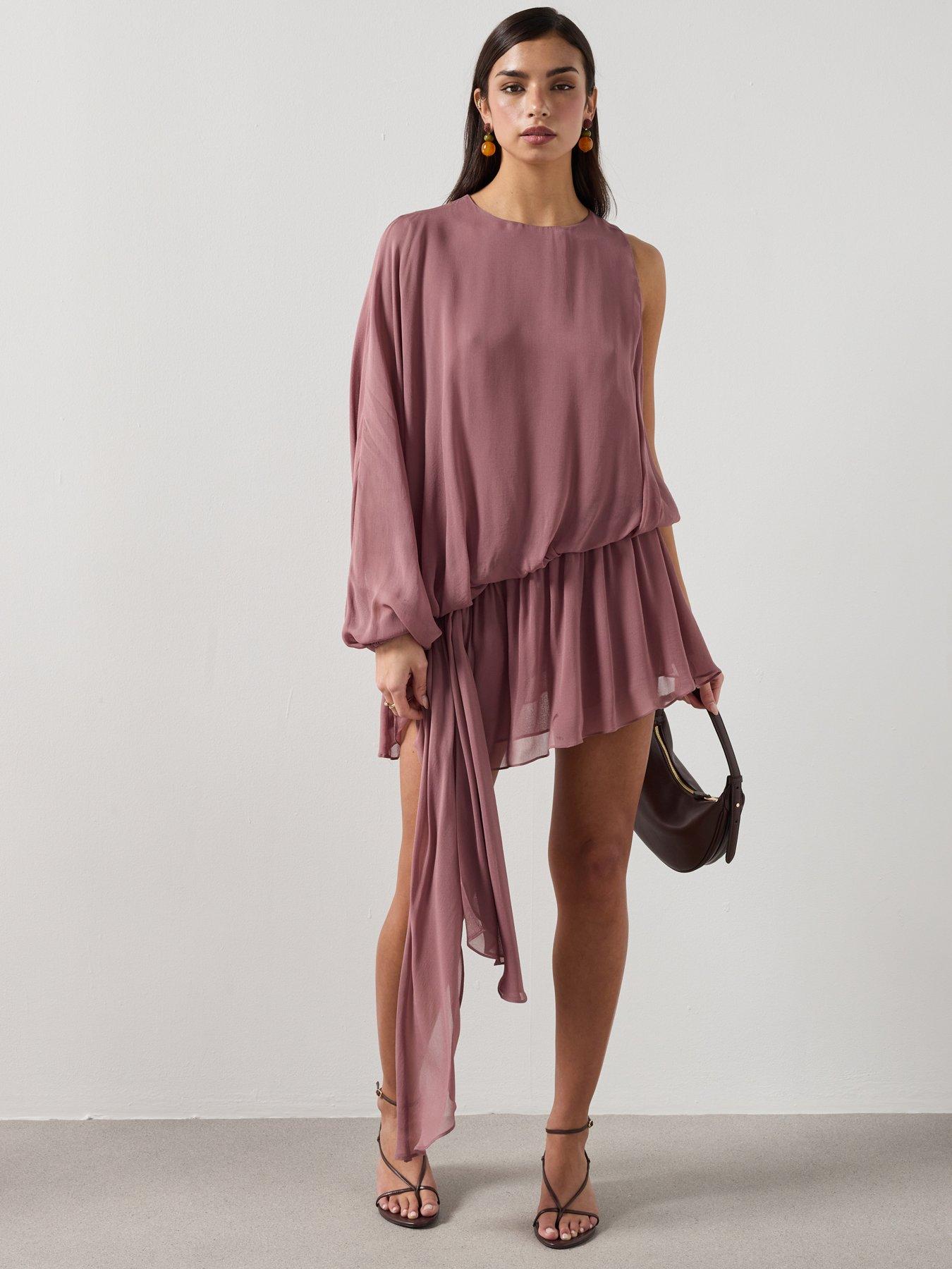 Image 1 of 6 of Mango Ruffle Dress With Asymmetrical Sleeve - Pink