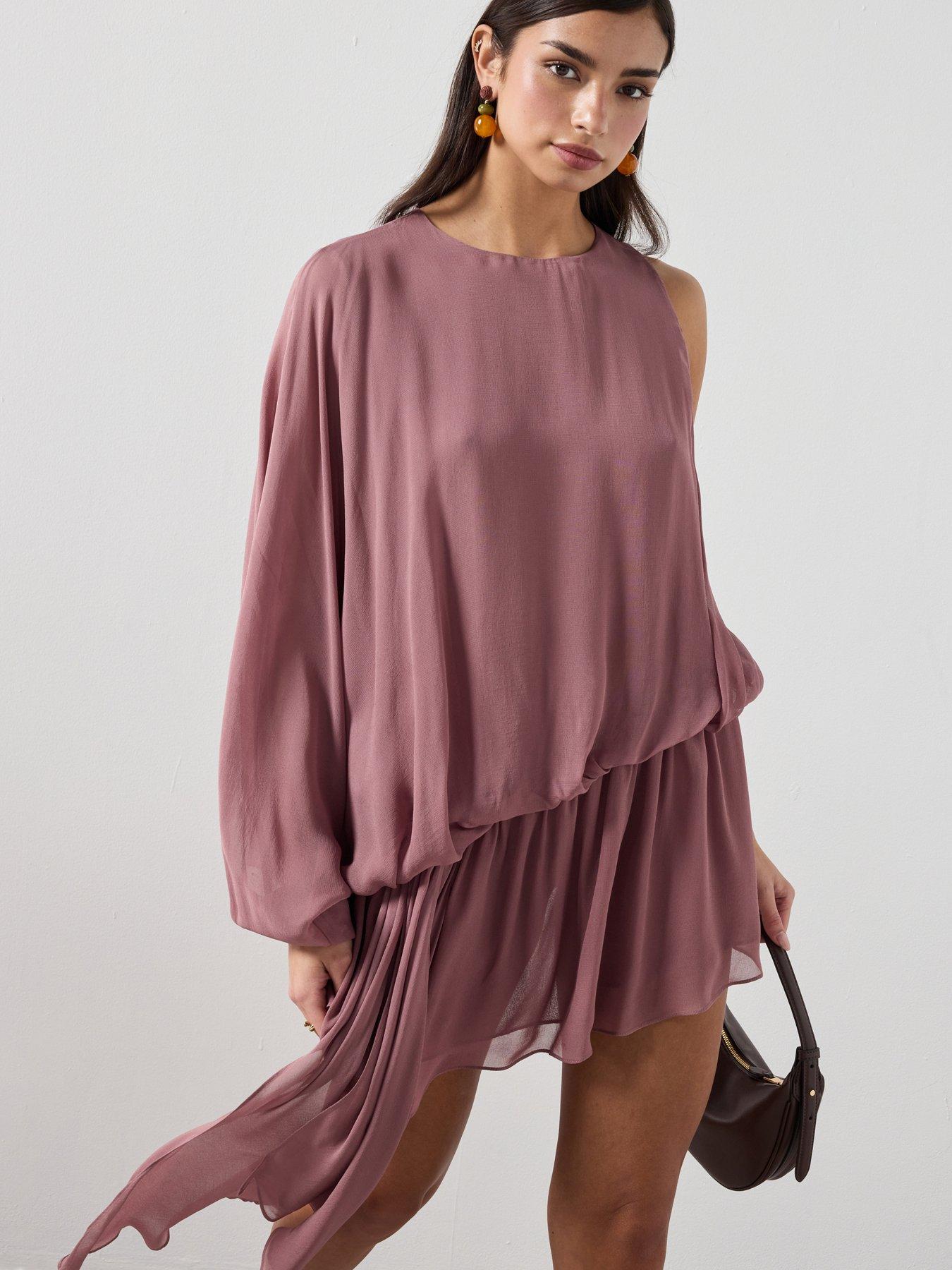 Image 3 of 6 of Mango Ruffle Dress With Asymmetrical Sleeve - Pink