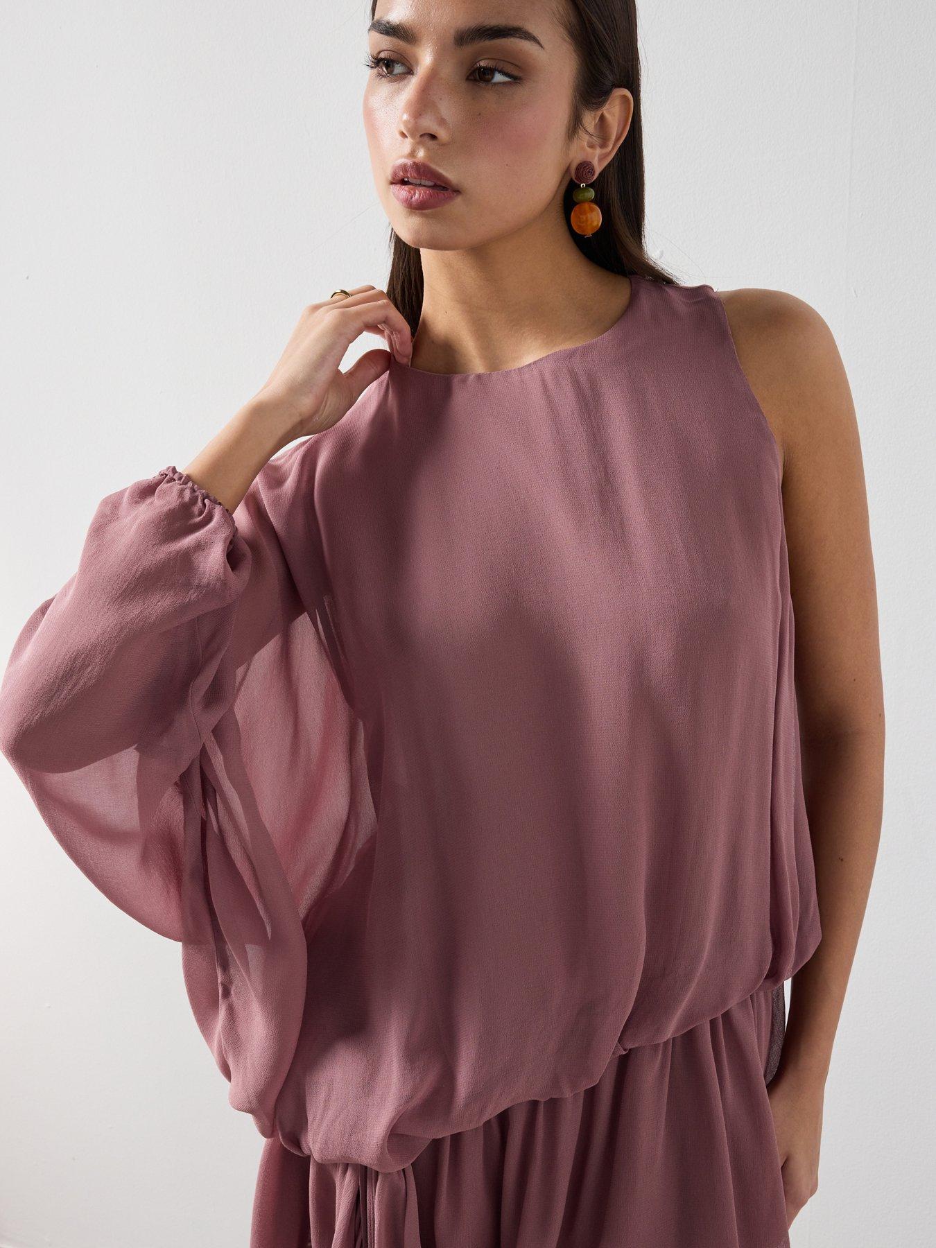 Image 4 of 6 of Mango Ruffle Dress With Asymmetrical Sleeve - Pink
