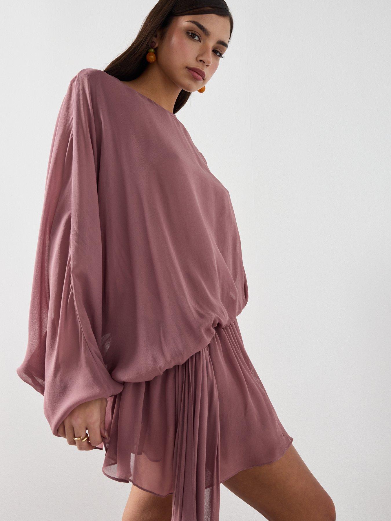Image 5 of 6 of Mango Ruffle Dress With Asymmetrical Sleeve - Pink