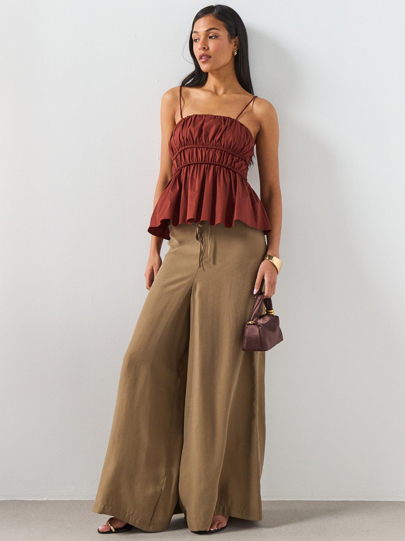 Image 1 of 6 of Mango High-Rise Wide Leg Trousers - Khaki