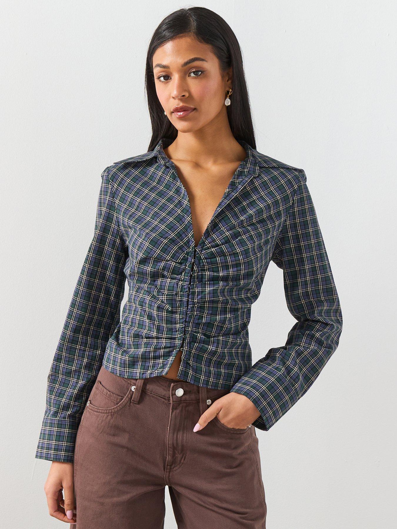 Image 1 of 6 of Mango Gathered Check Blouse - Blue