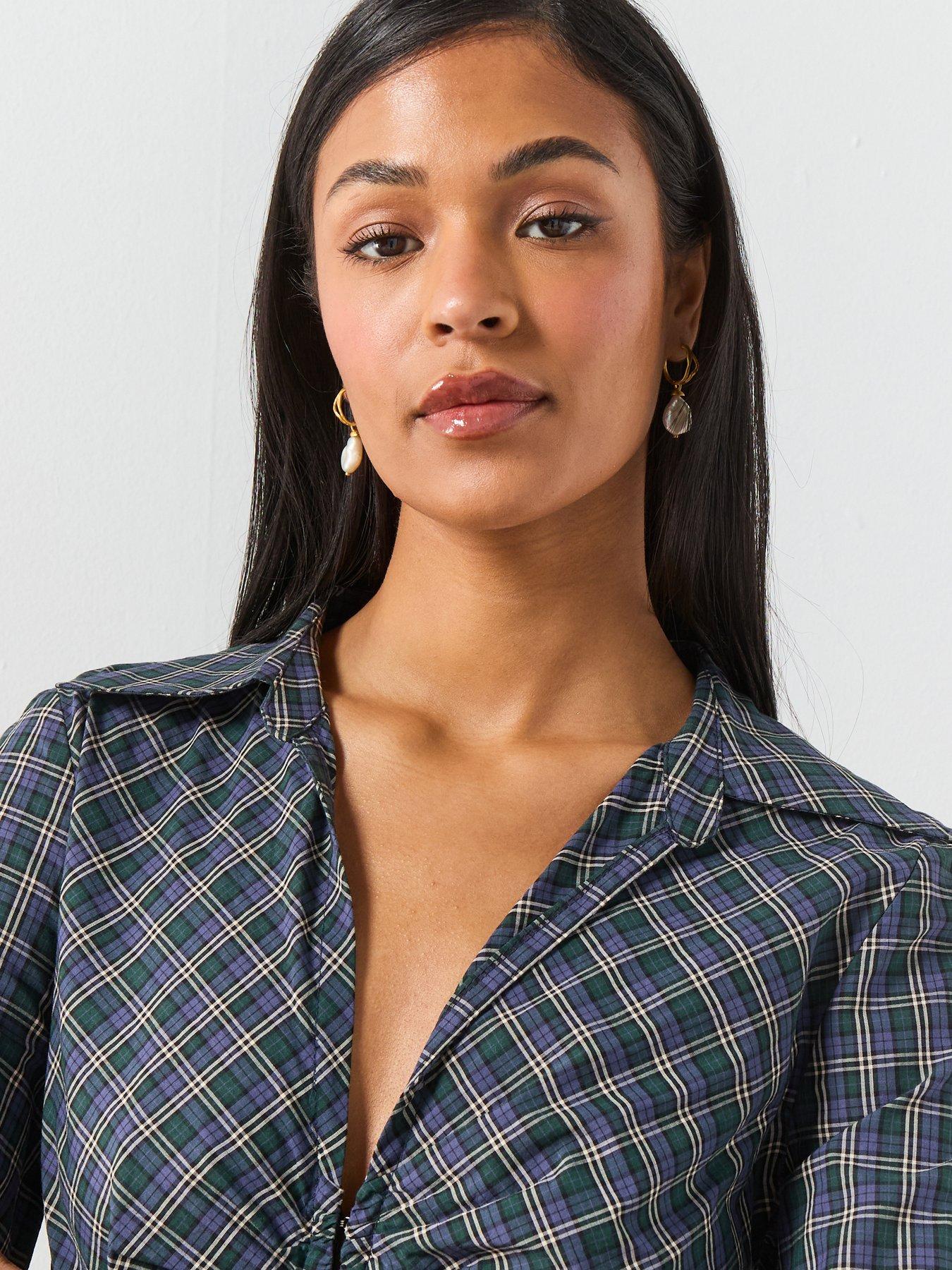 Image 4 of 6 of Mango Gathered Check Blouse - Blue