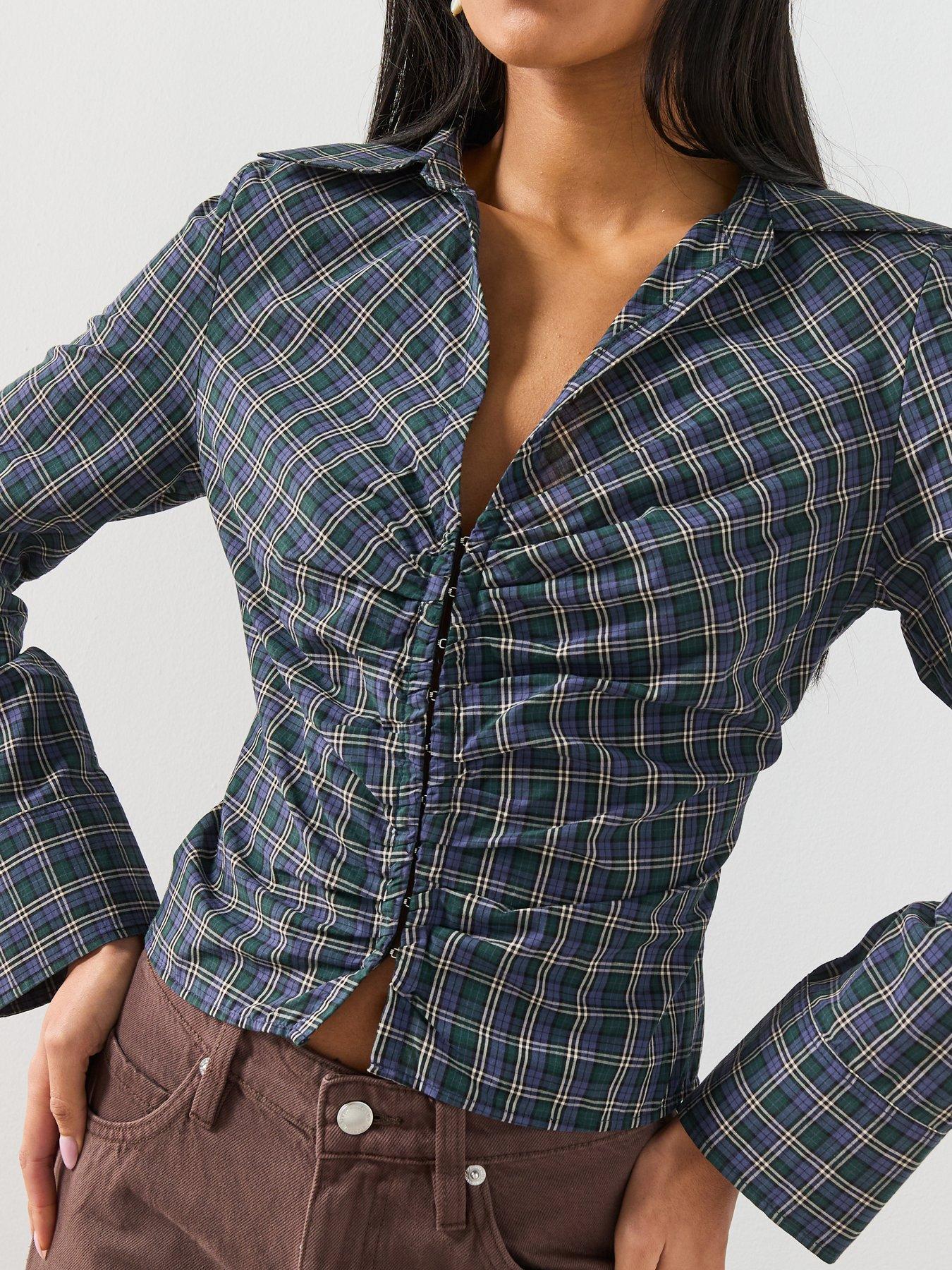 Image 5 of 6 of Mango Gathered Check Blouse - Blue