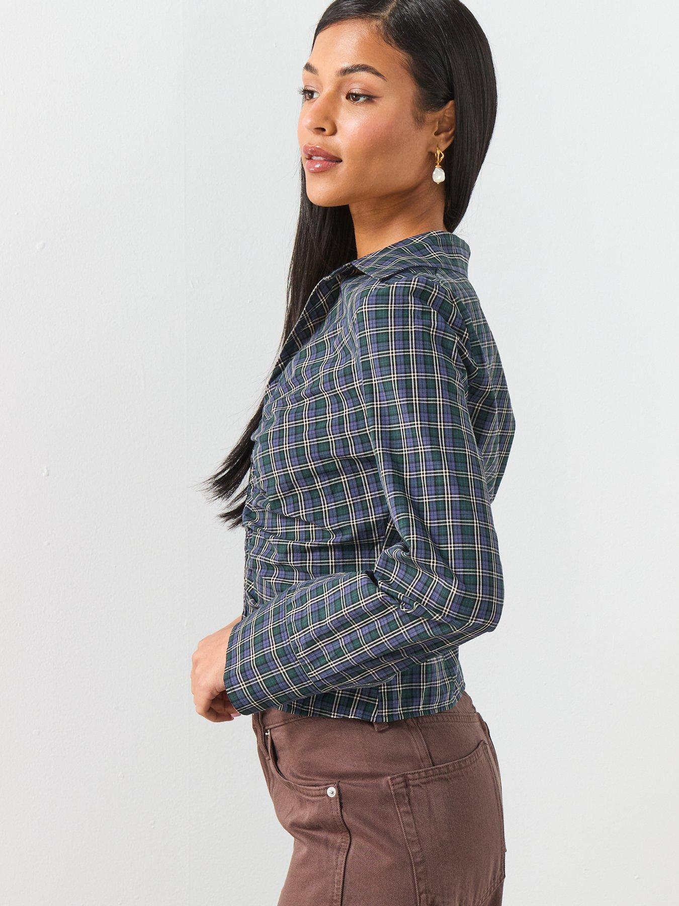 Image 6 of 6 of Mango Gathered Check Blouse - Blue