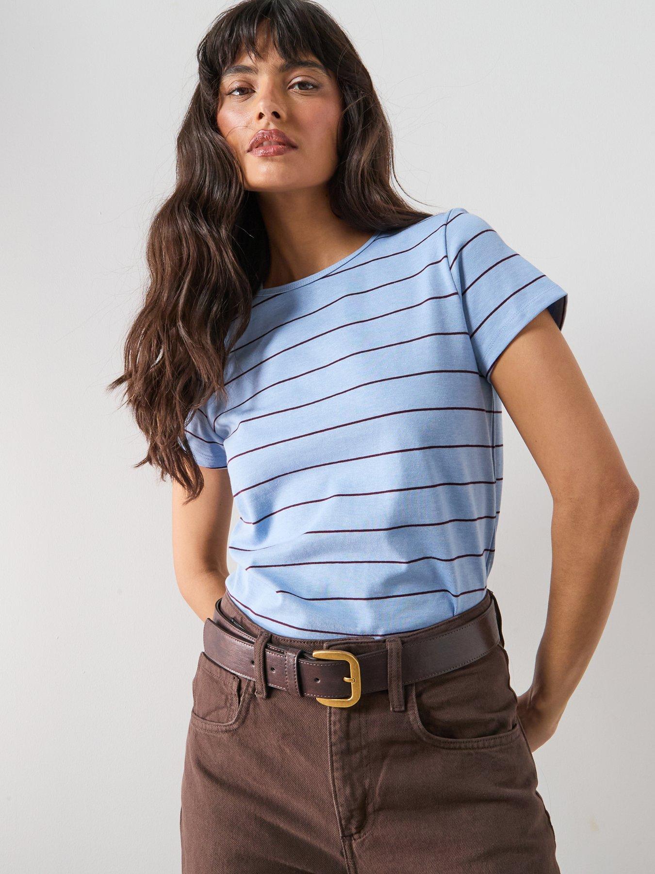 Image 1 of 6 of Mango Striped Cotton T-shirt - Blue