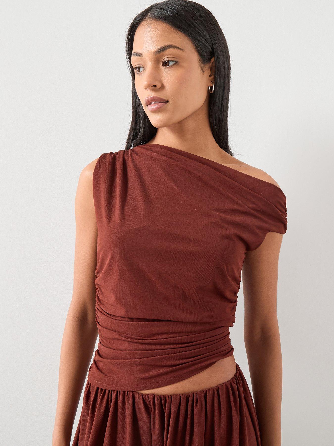 Image 1 of 6 of Mango Asymmetrical Gathered Co-ord T-shirt - Russet
