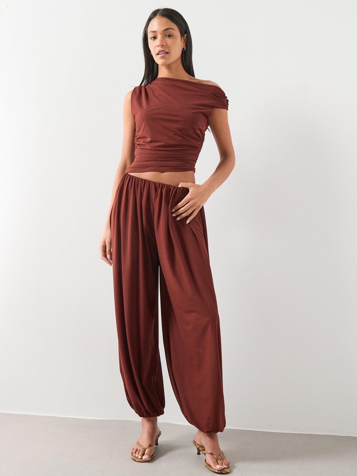 Image 6 of 6 of Mango Asymmetrical Gathered Co-ord T-shirt - Russet