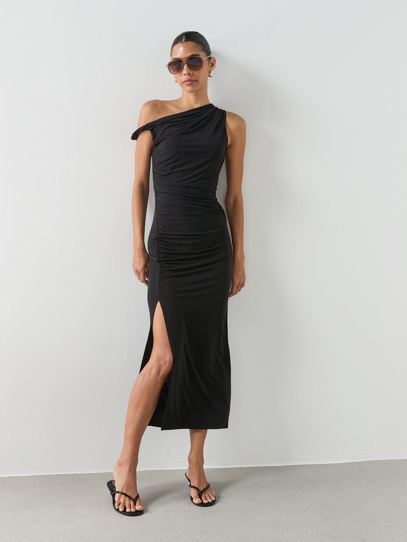 Image 1 of 6 of Mango Asymmetrical Dress With Side Slit - Black