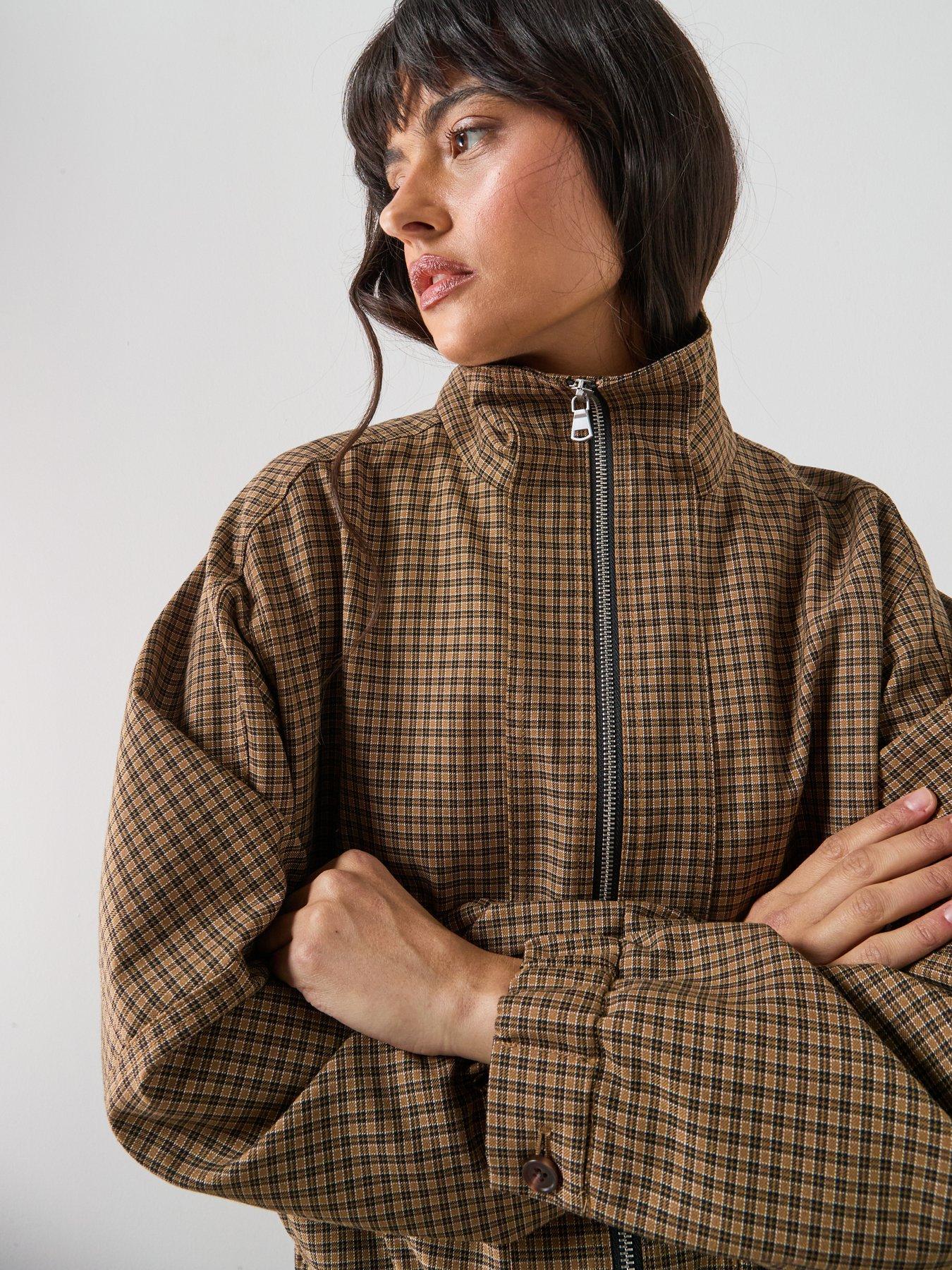 mango-houndstooth-high-collar-jacket-brownoutfit