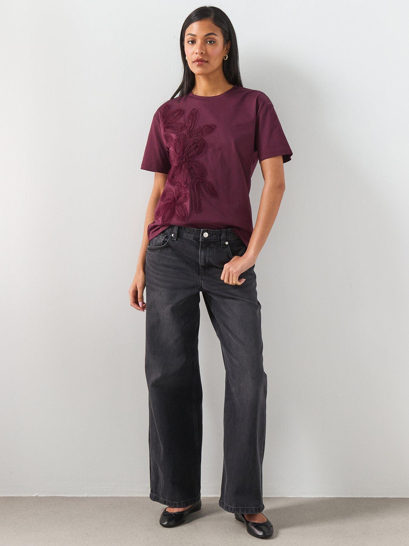 Image 3 of 6 of Mango Floral-Embroidered Cotton T-Shirt - Red