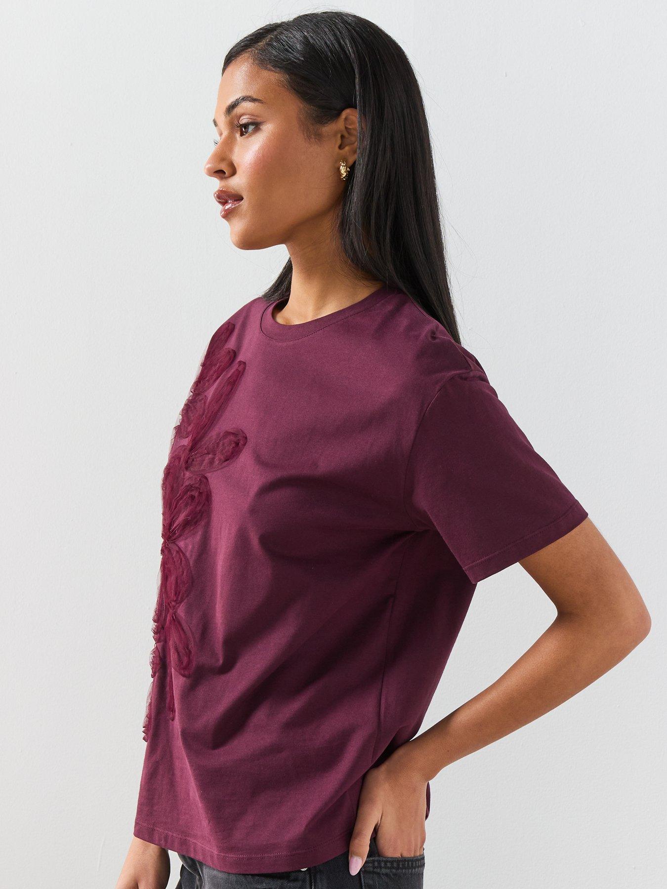 Image 6 of 6 of Mango Floral-Embroidered Cotton T-Shirt - Red