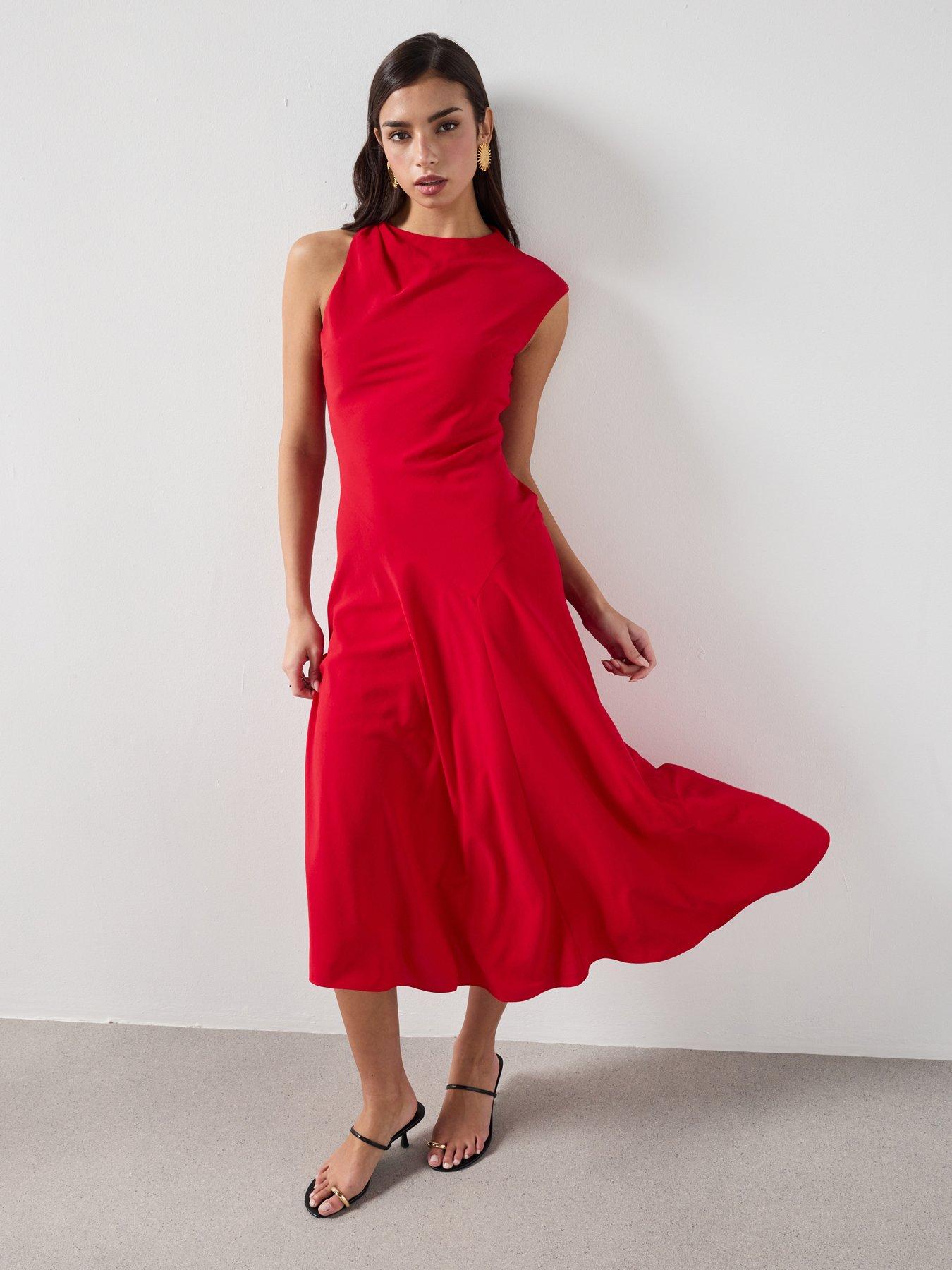 Image 1 of 6 of Mango Asymmetric Sleeve Midi Dress - Red