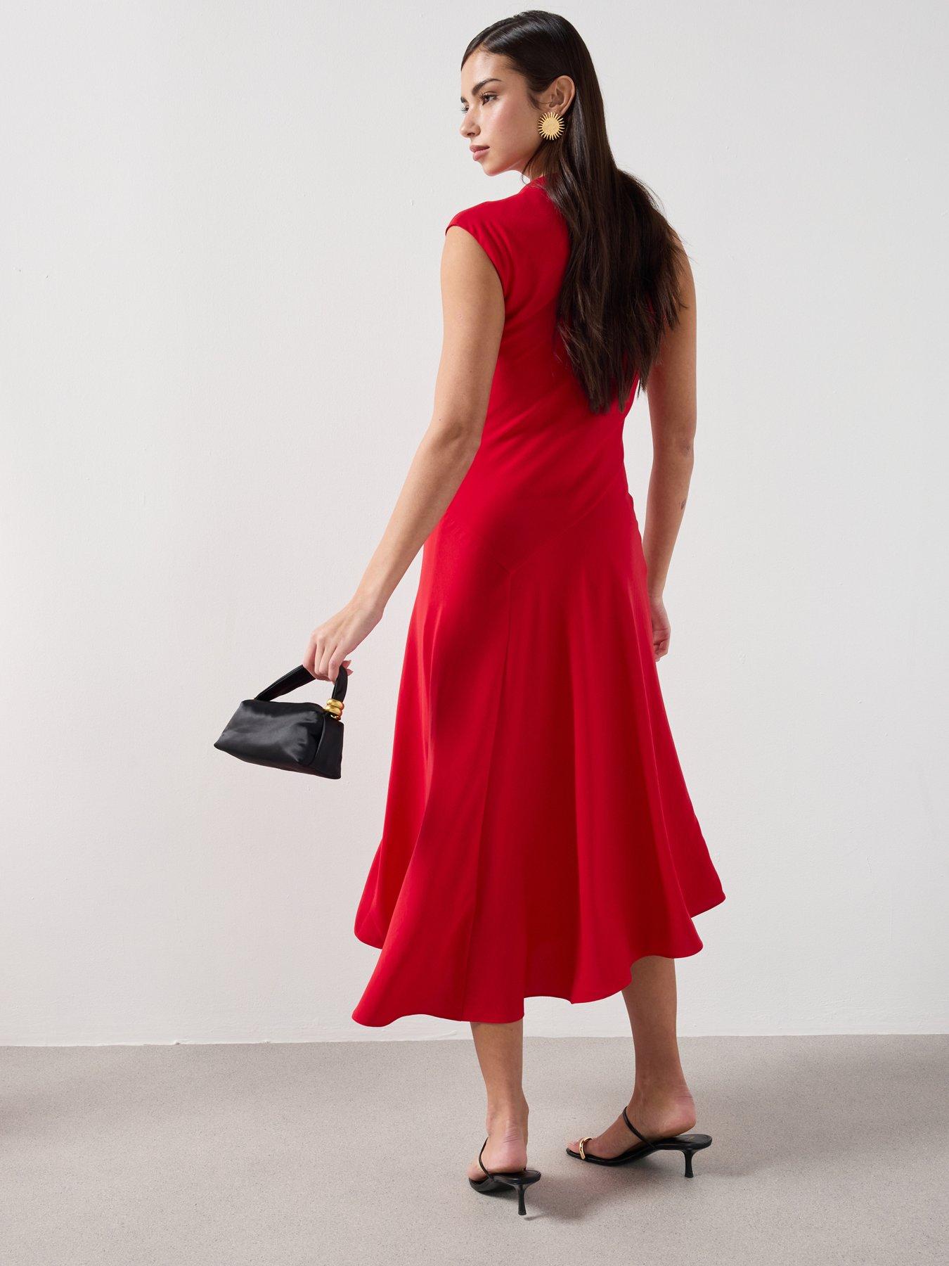 Image 2 of 6 of Mango Asymmetric Sleeve Midi Dress - Red