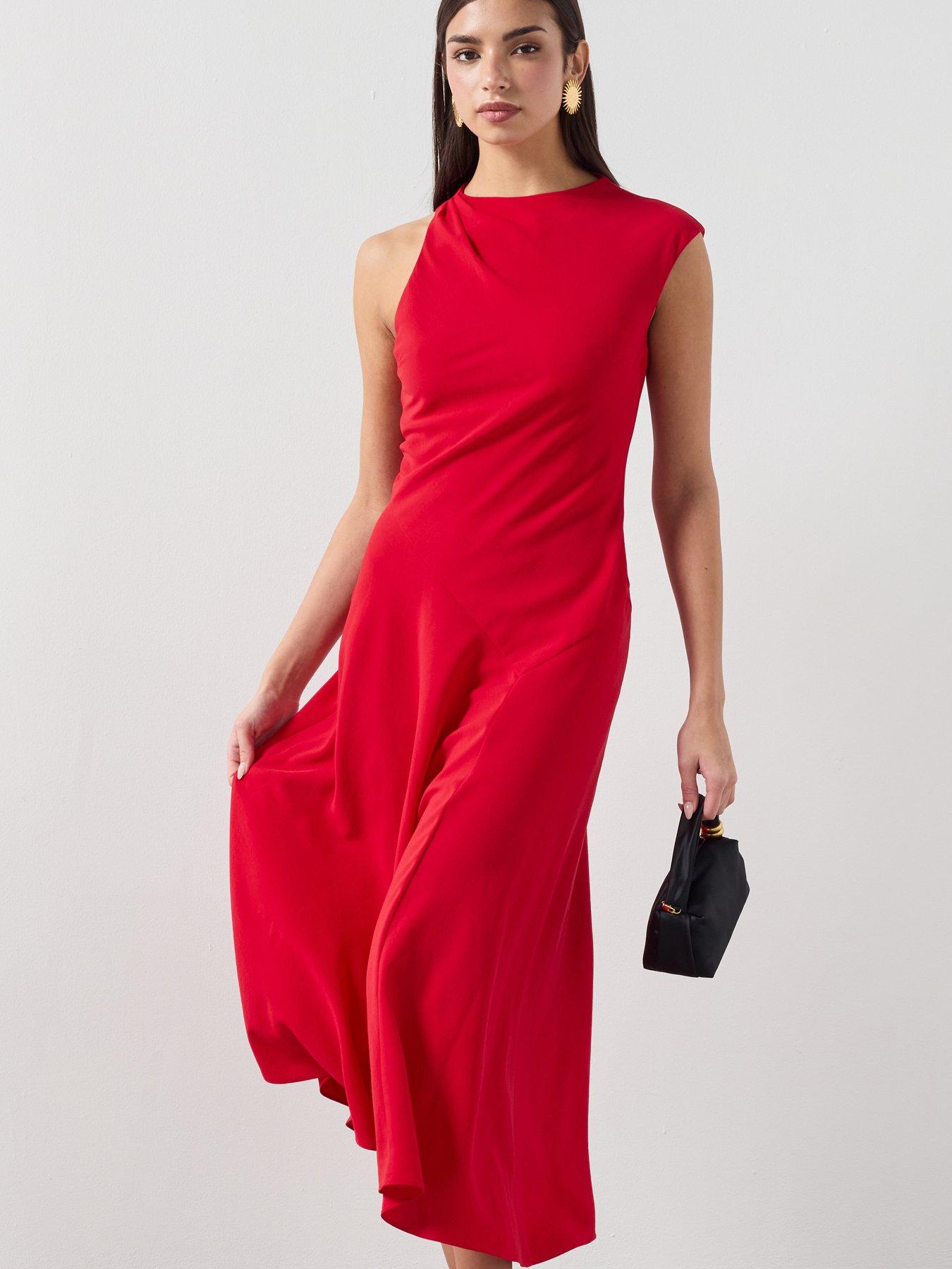 Image 3 of 6 of Mango Asymmetric Sleeve Midi Dress - Red