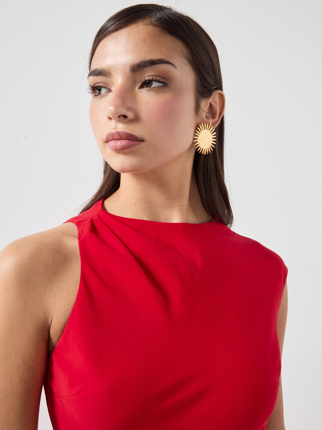 Image 4 of 6 of Mango Asymmetric Sleeve Midi Dress - Red