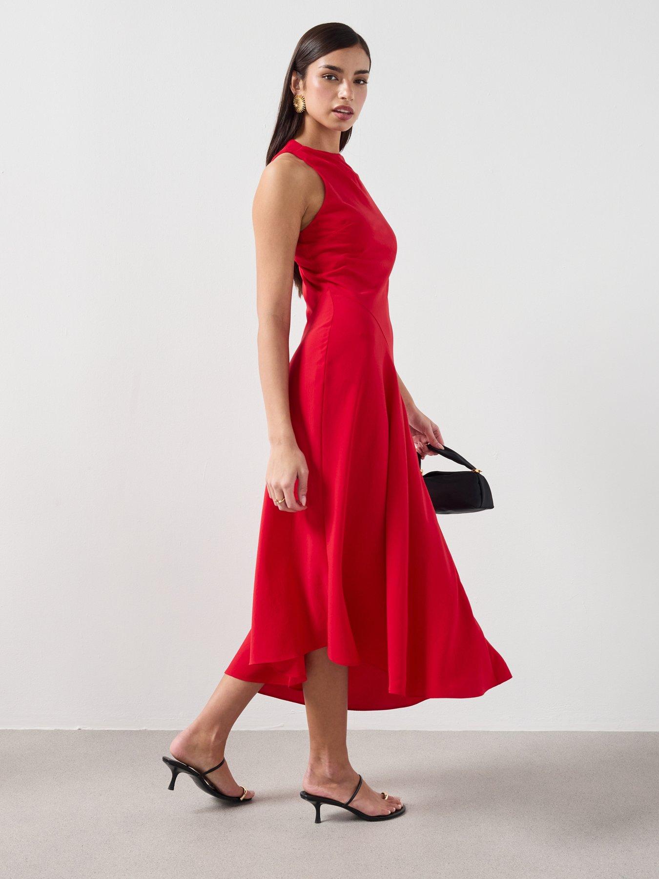 Image 5 of 6 of Mango Asymmetric Sleeve Midi Dress - Red