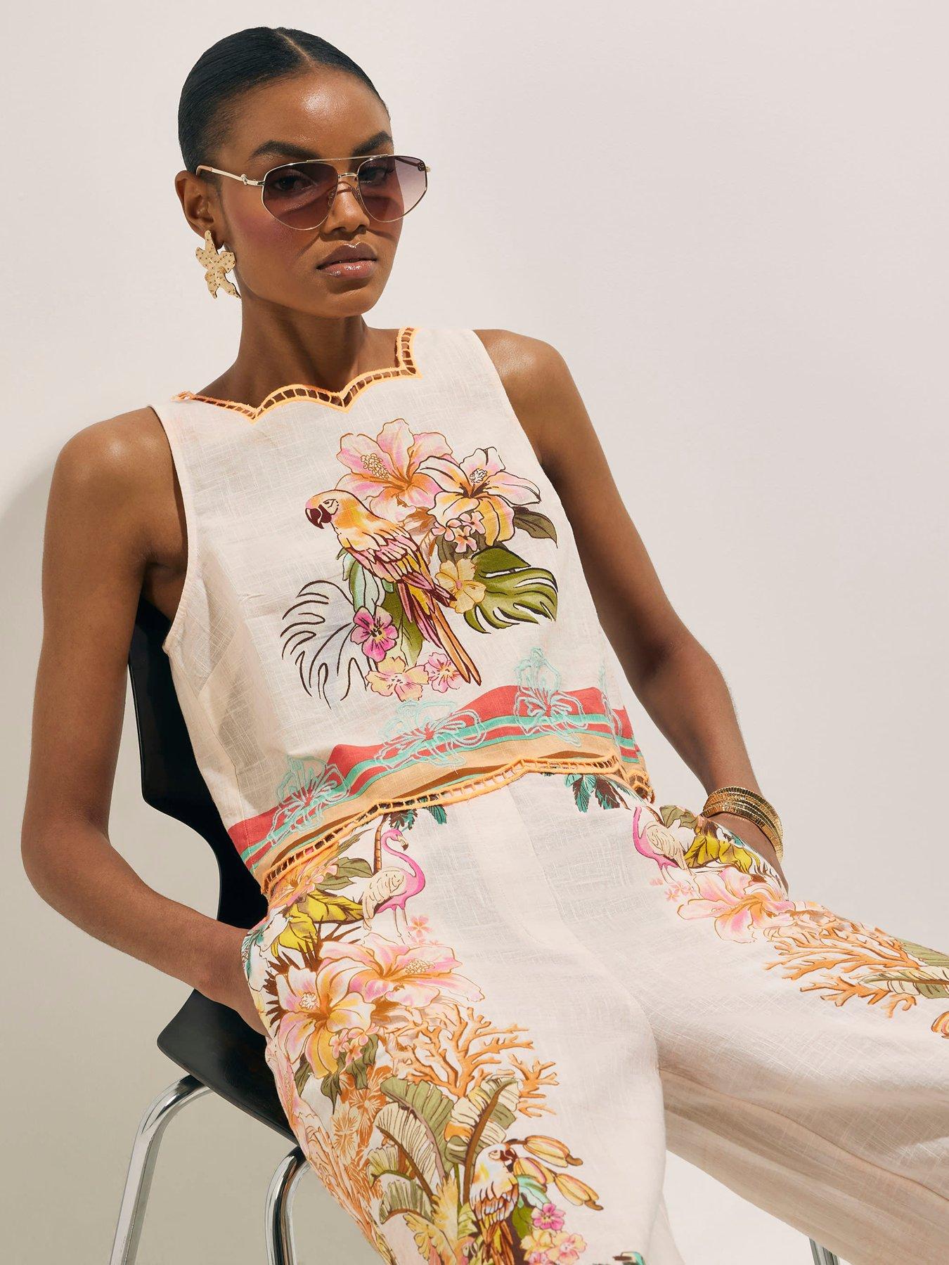 Image 1 of 6 of River Island Del Mar Cutwork Print Shell Co-ord Top - Cream