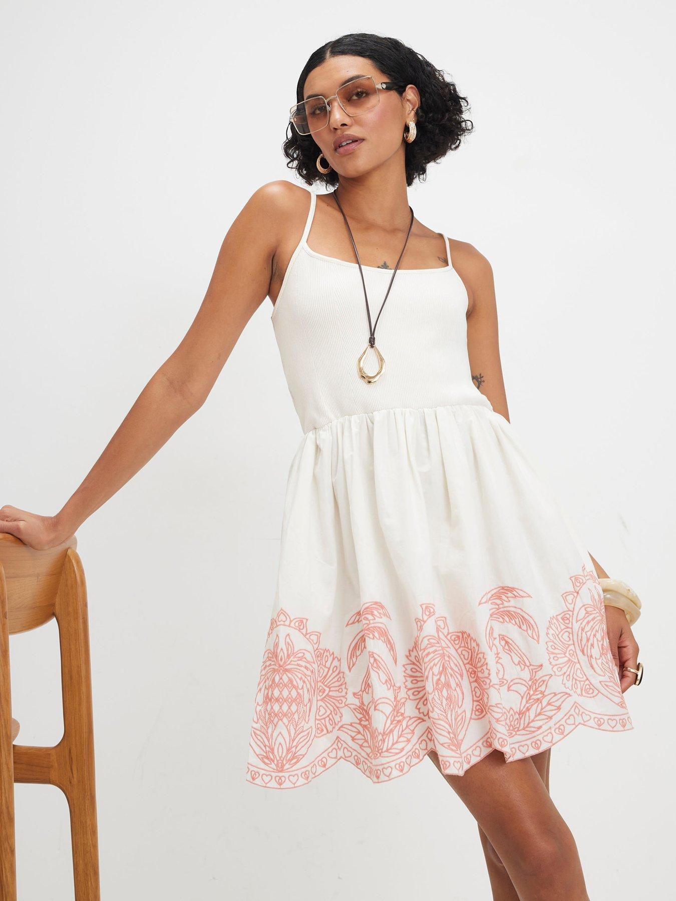 Image 1 of 5 of River Island Emb Palm Cutwork Hem Mini Drss - Cream